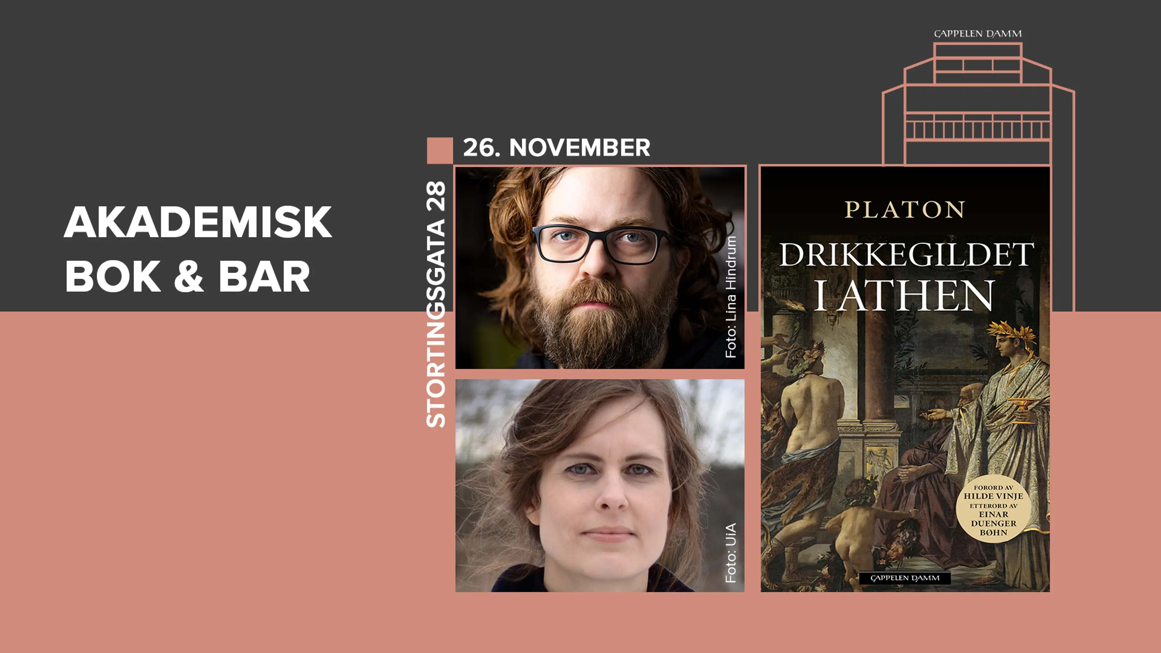 Illustrasjon med omslaget på Drikkegildet i Athen av Platon og Einar Duenger Bøhn og Hilde Vinje