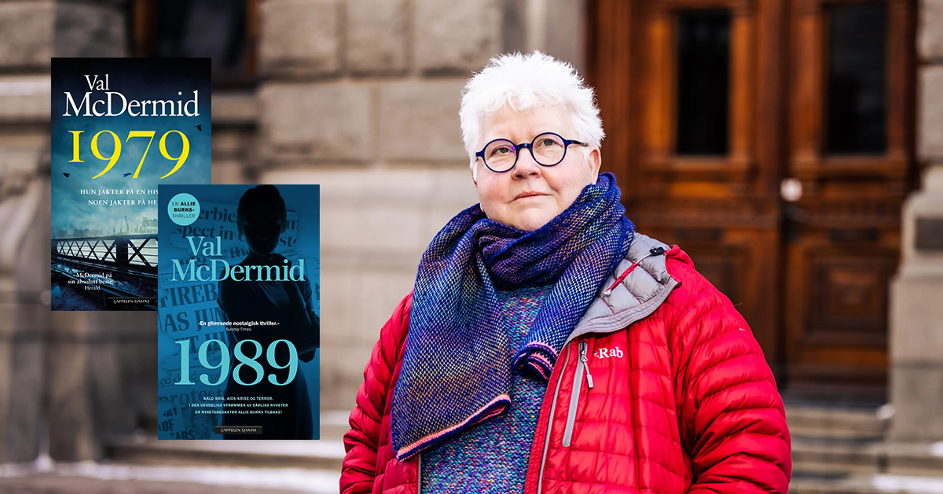Foto av Val McDermid ved siden av omslagene til 1979 og 1989 til artikkel om syv thriller bøker av henne.