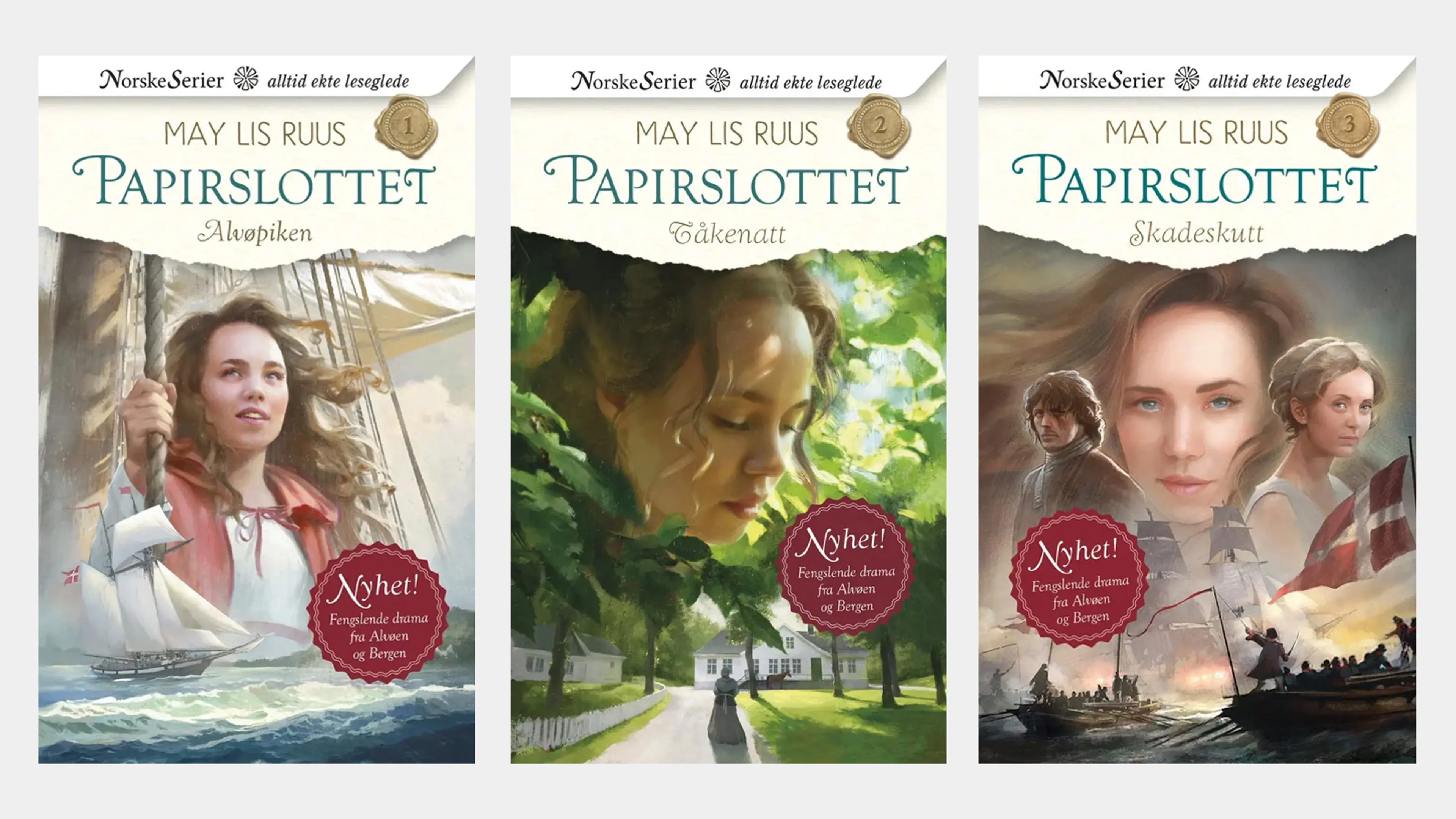 De tre første bøkene i serien Papirslottet