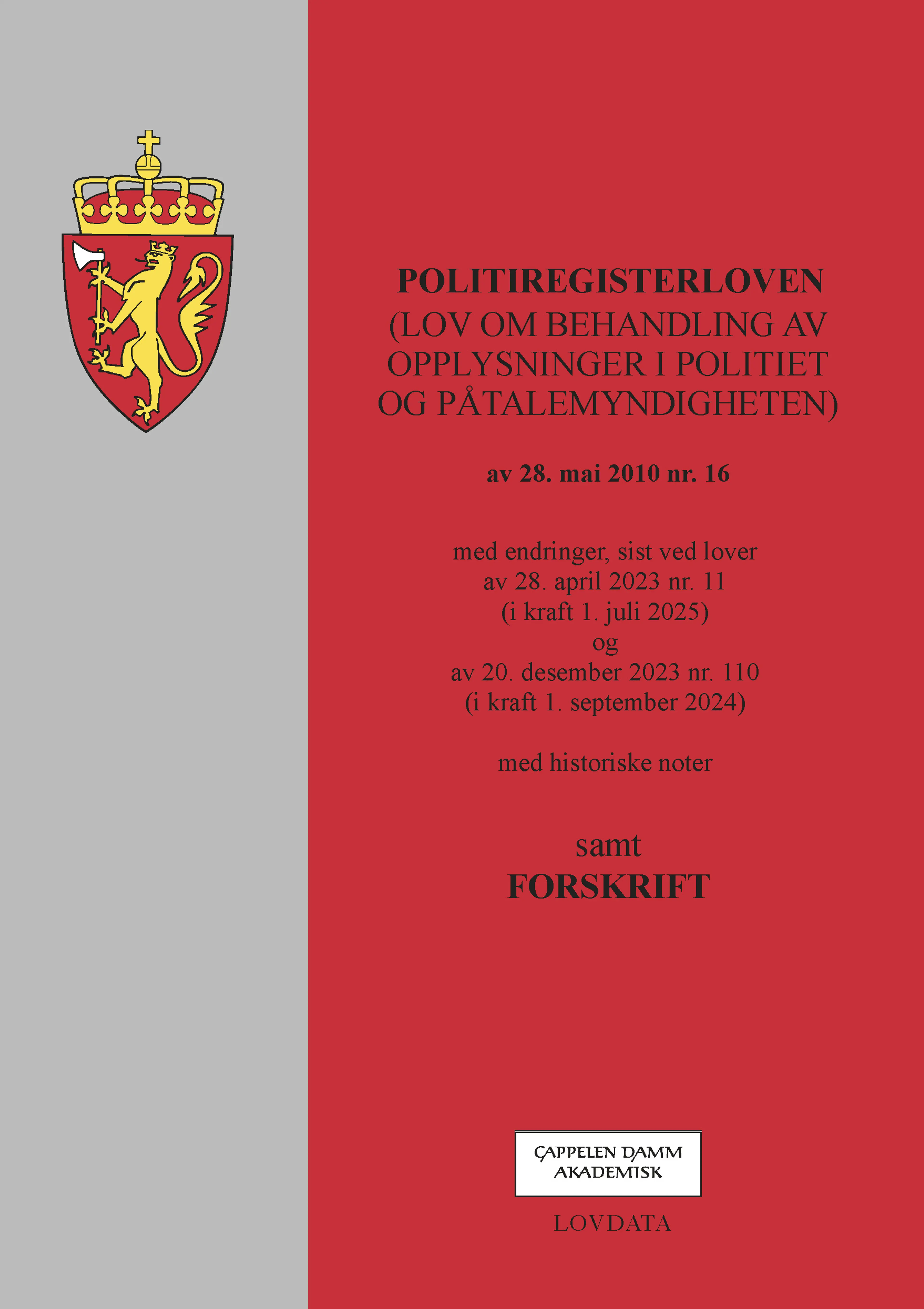 Omslag Politiregisterloven m/politiregisterforskriften (Heftet)