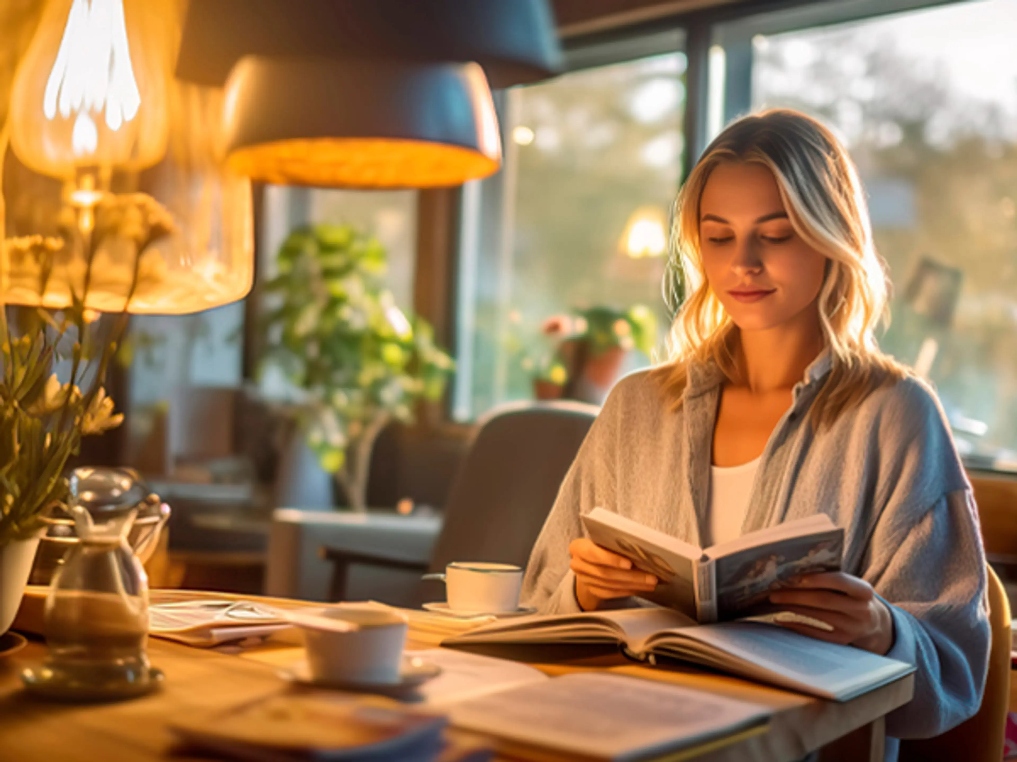 Ung dame sitter ved et koselig opplyst bord og leser bok. Foto