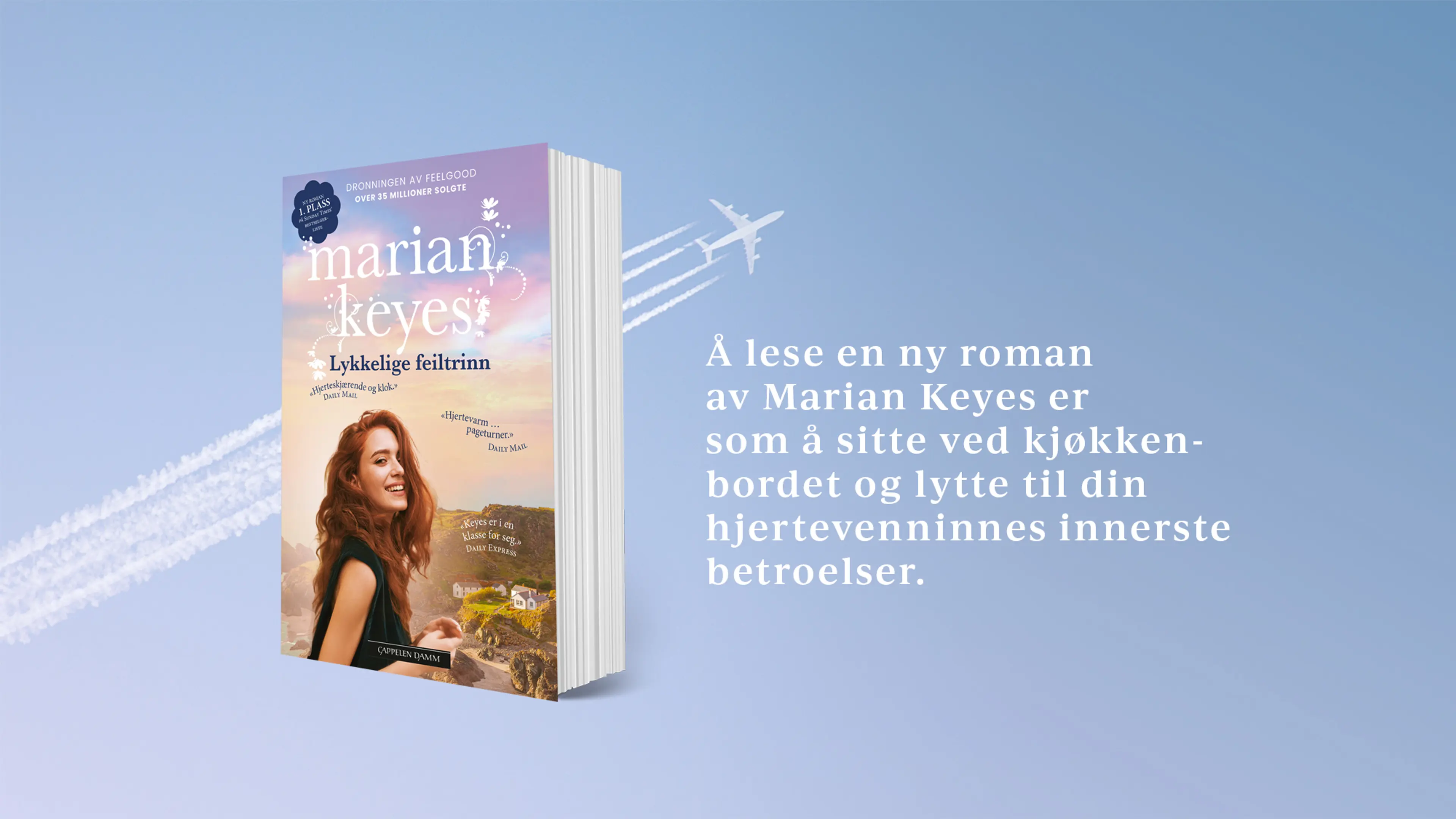 Boken Lykkelige feiltrinn på en bakgrunn med blå himmel og konturene av et fly
