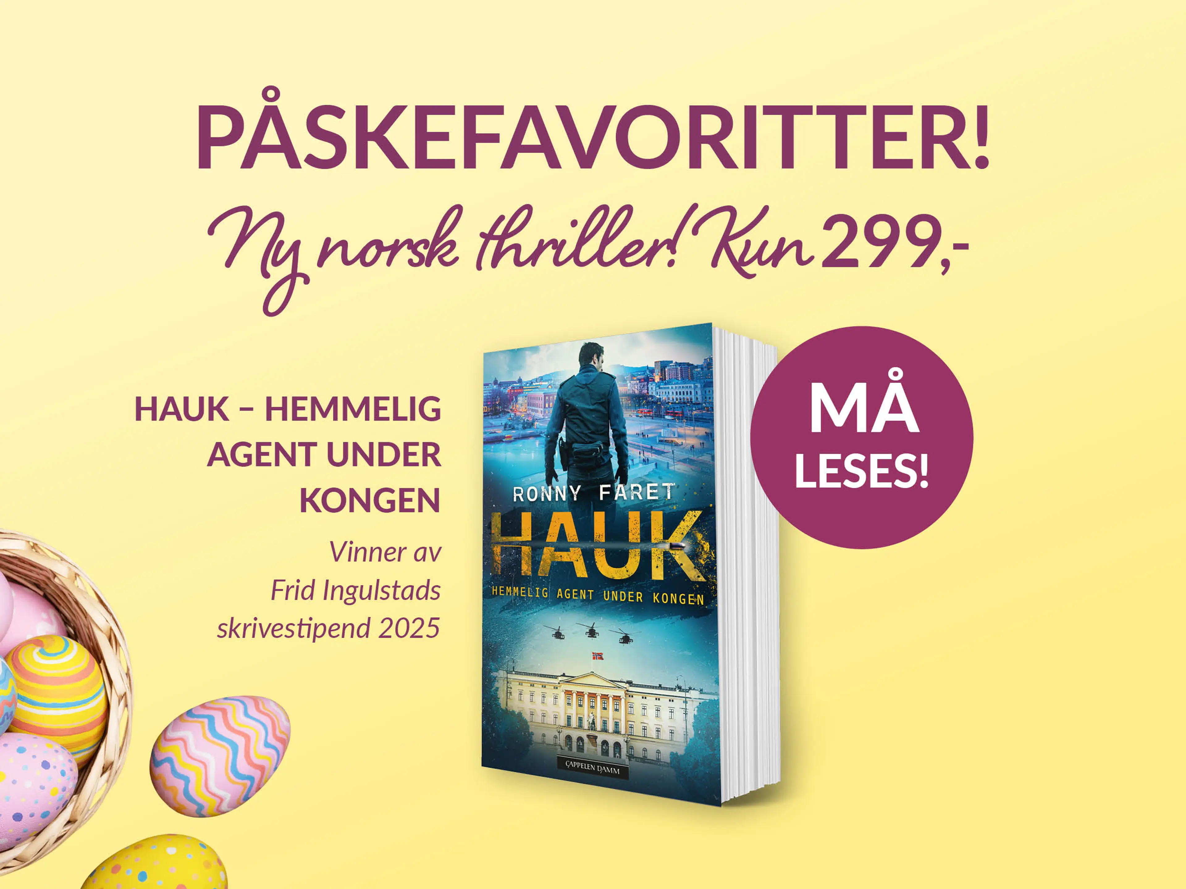 Boken Hauk på lysegul bakgrunn om bombe med teksten Må leses