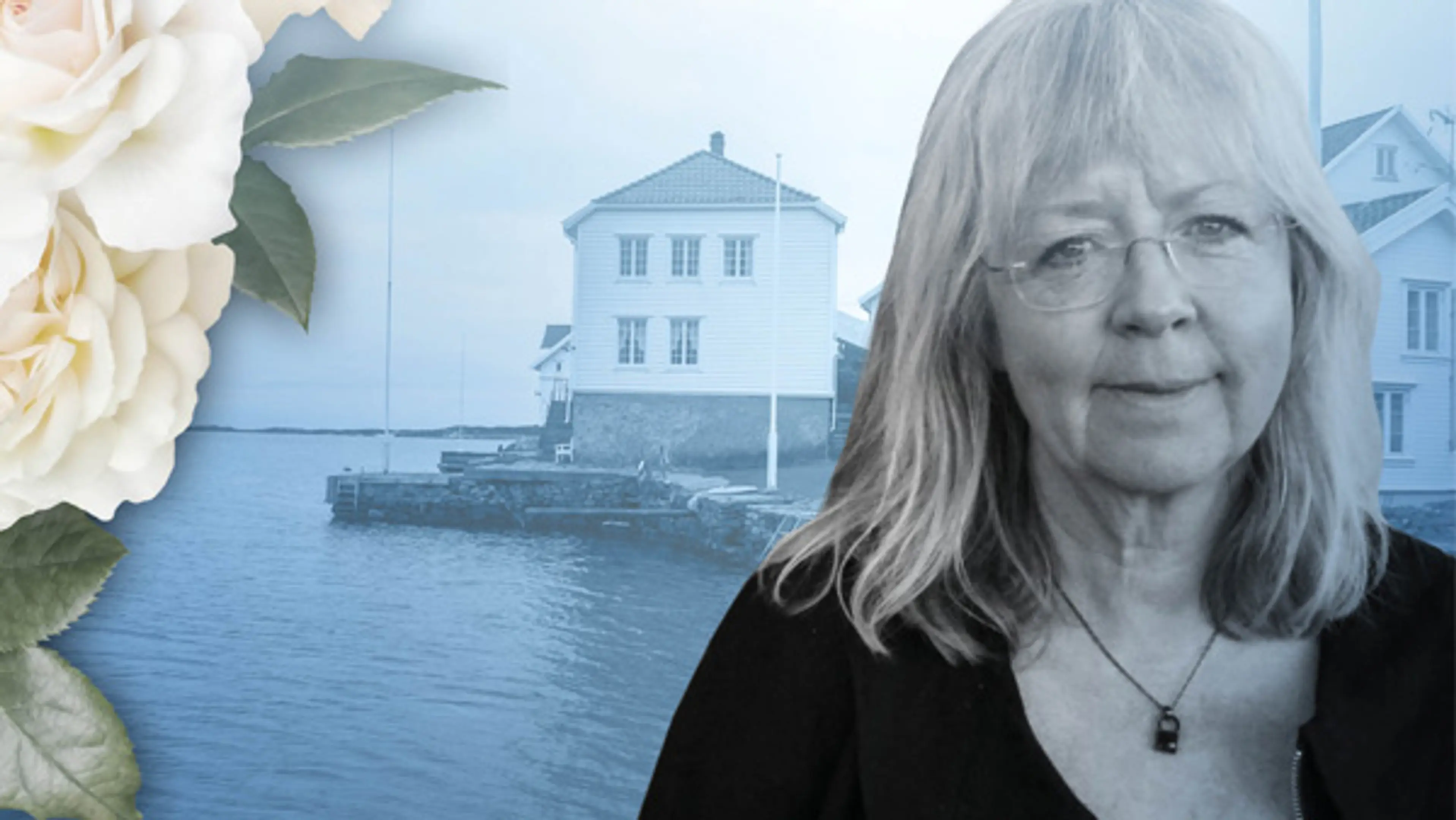 Portrett av forfatter Merete Lien med skjærgårdsmotiv som bakgrunn.