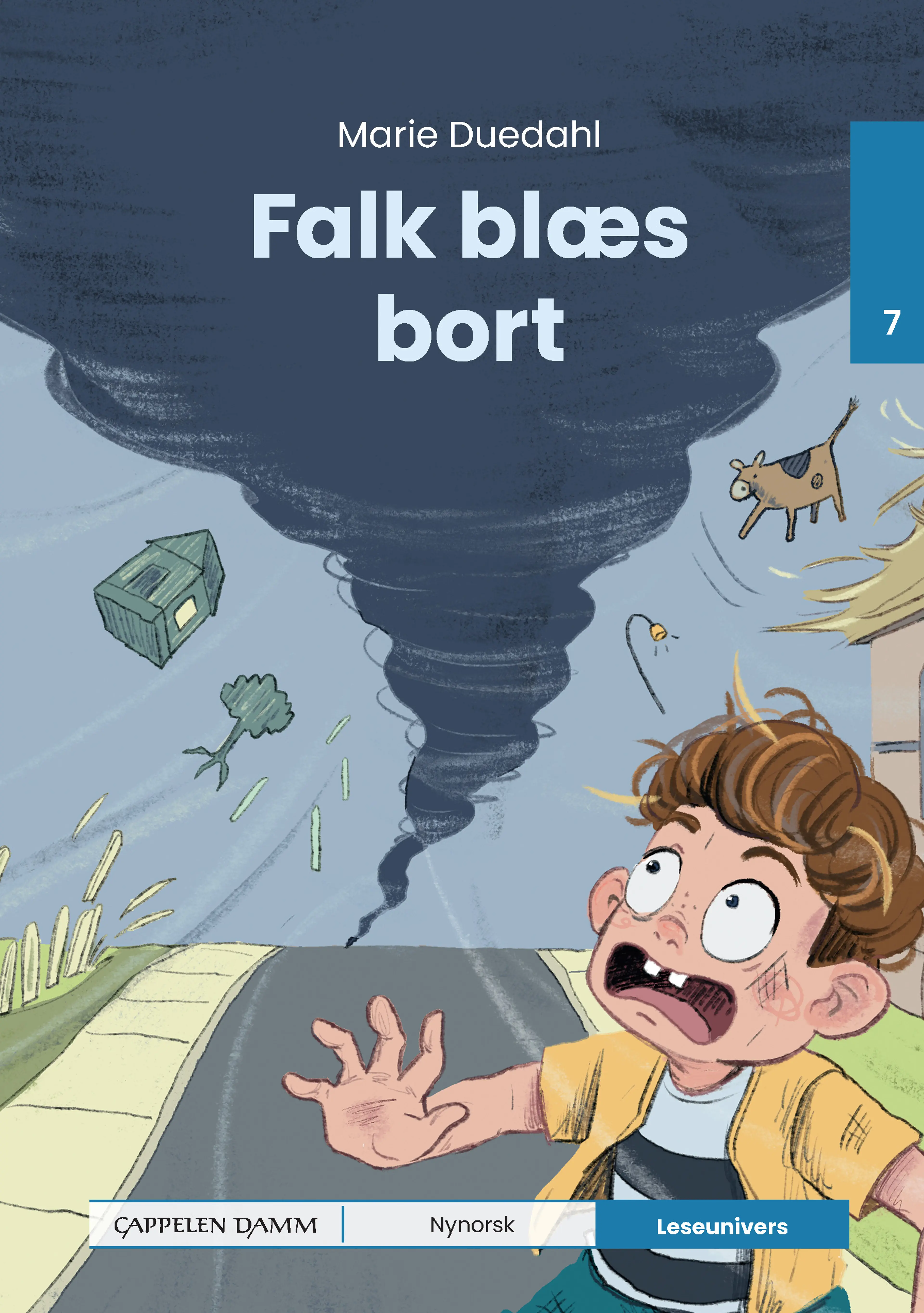 Omslag Leseunivers 7: Falk blæs bort av Marie Duedahl (Innbundet)