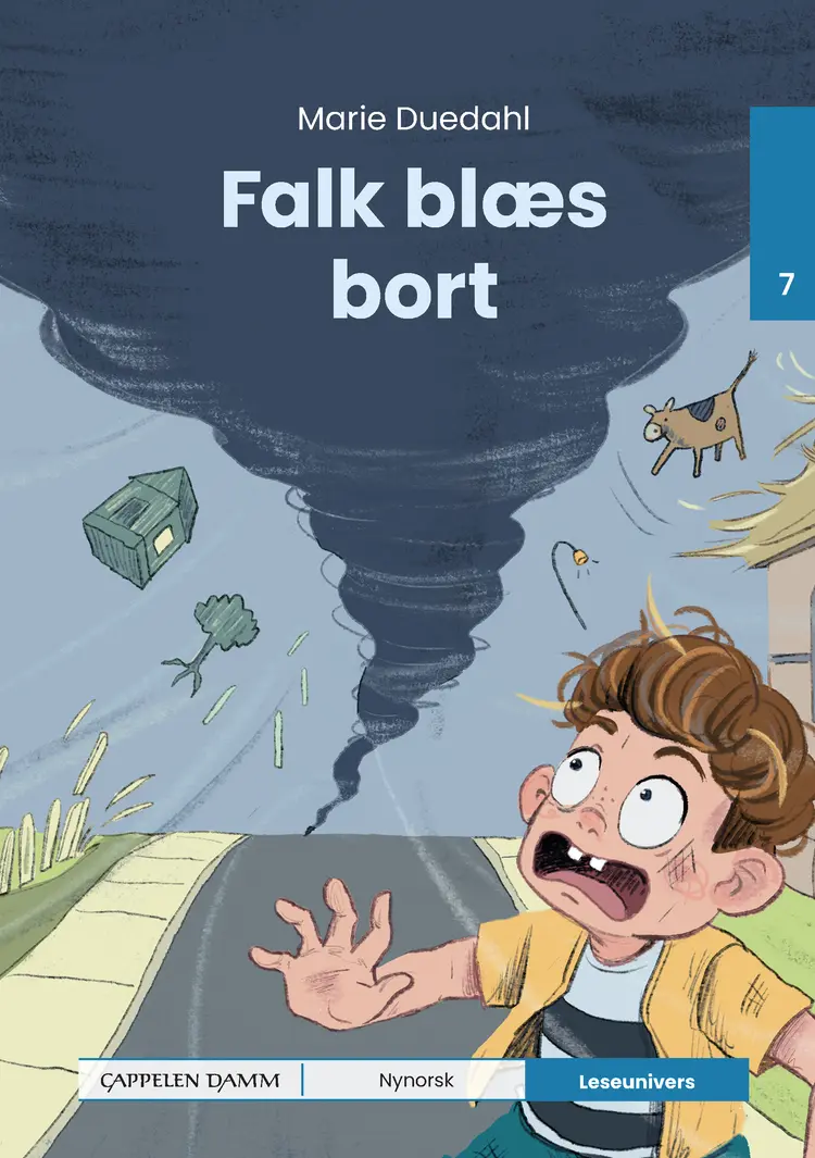 Omslag Leseunivers 7: Falk blæs bort av Marie Duedahl (Innbundet)