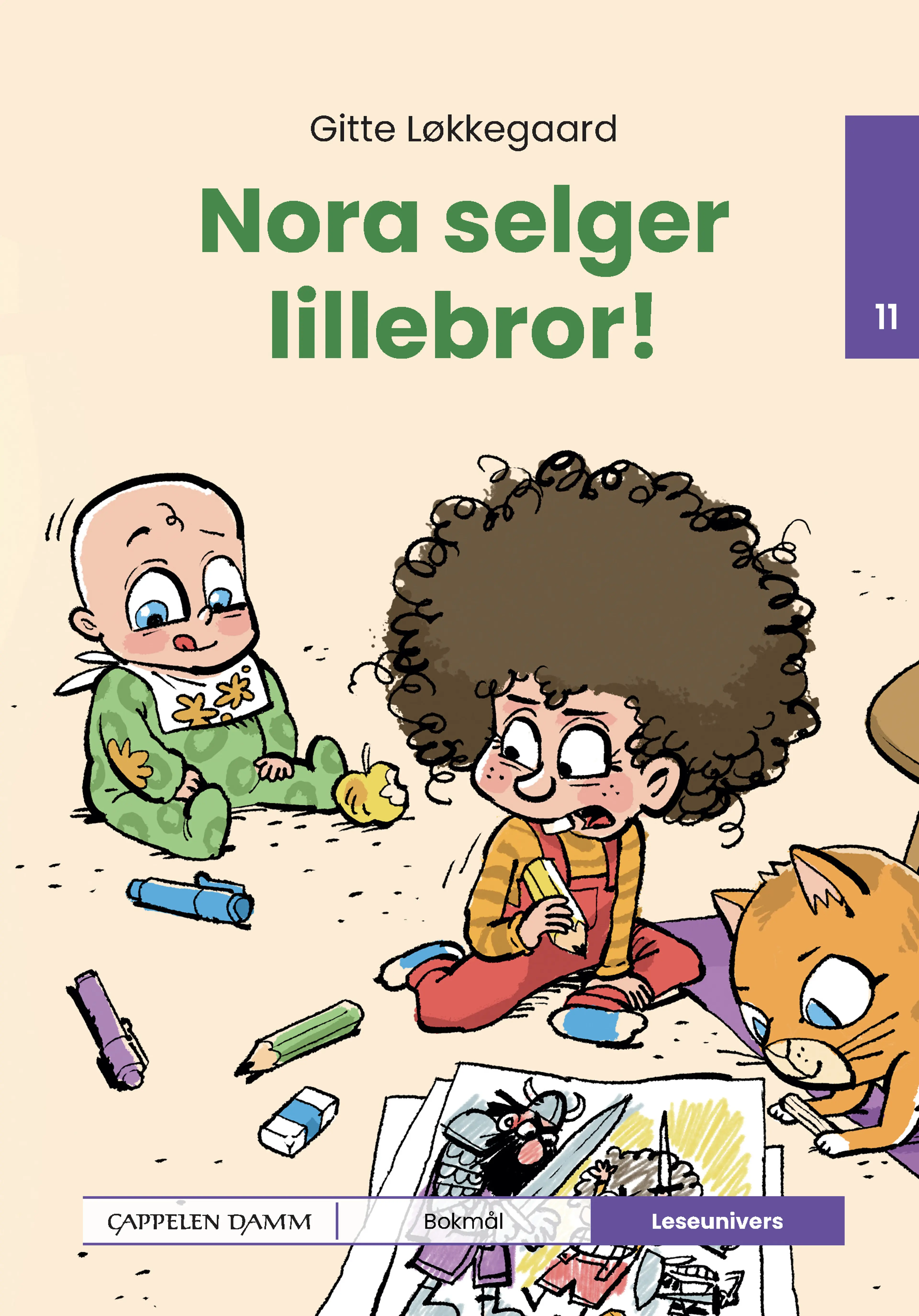 Omslag Leseunivers 11: Nora selger lillebror! av Gitte Løkkegaard (Innbundet)