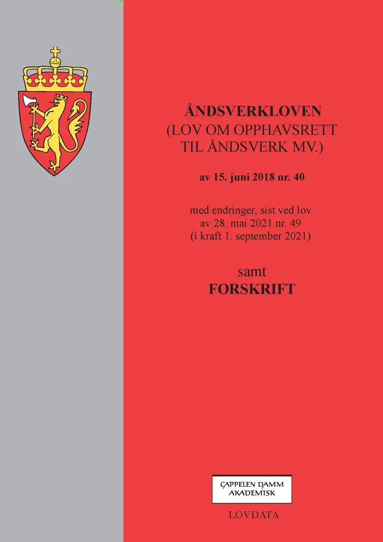 Omslag Åndsverkloven (lov om opphavsrett til åndsverk mv.) m/forskrift (Heftet)