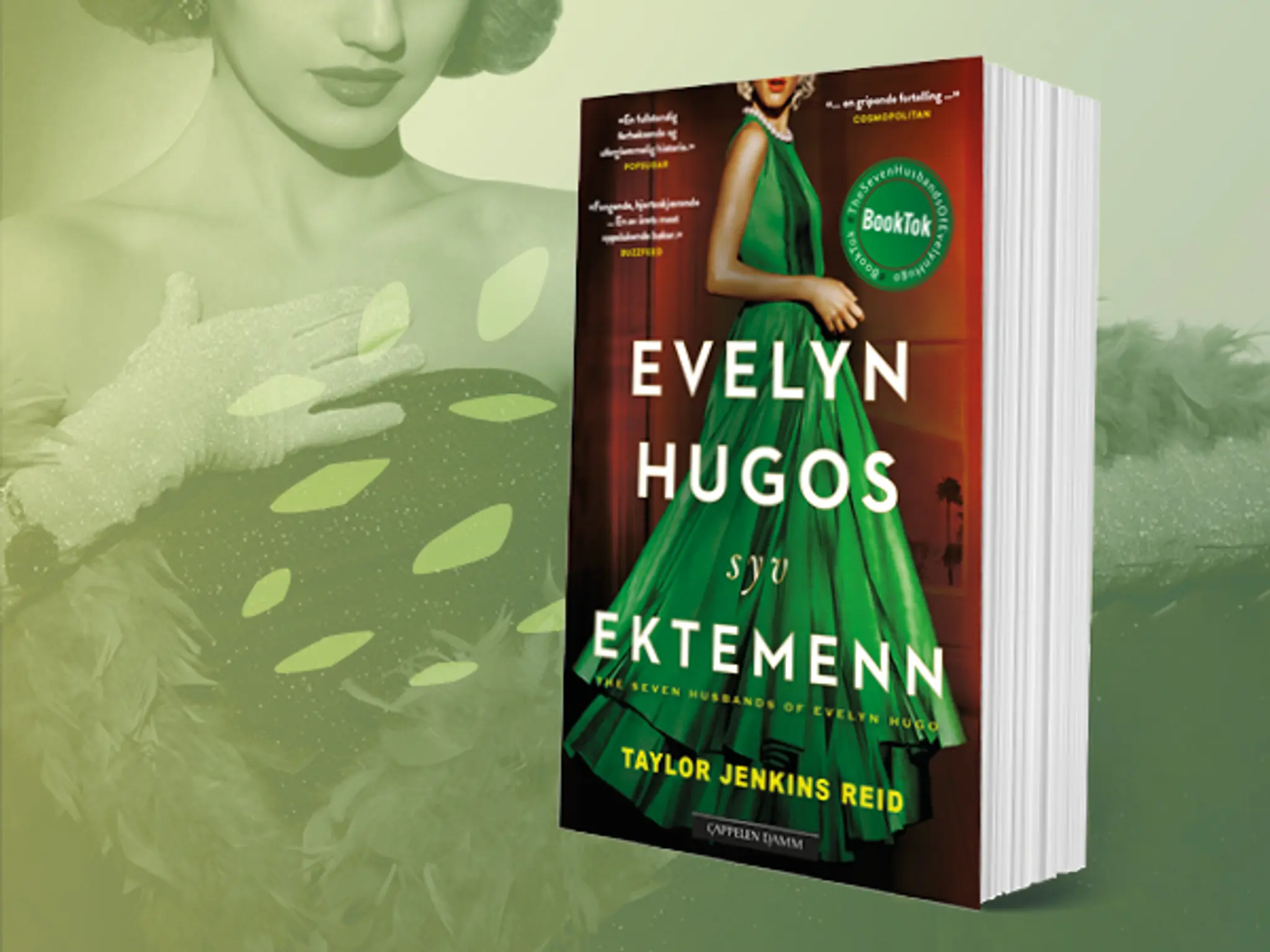 Omslag på boken Evelyn Hugso syv ektemenn på en grønn bakgrunn med glamourøs dame på