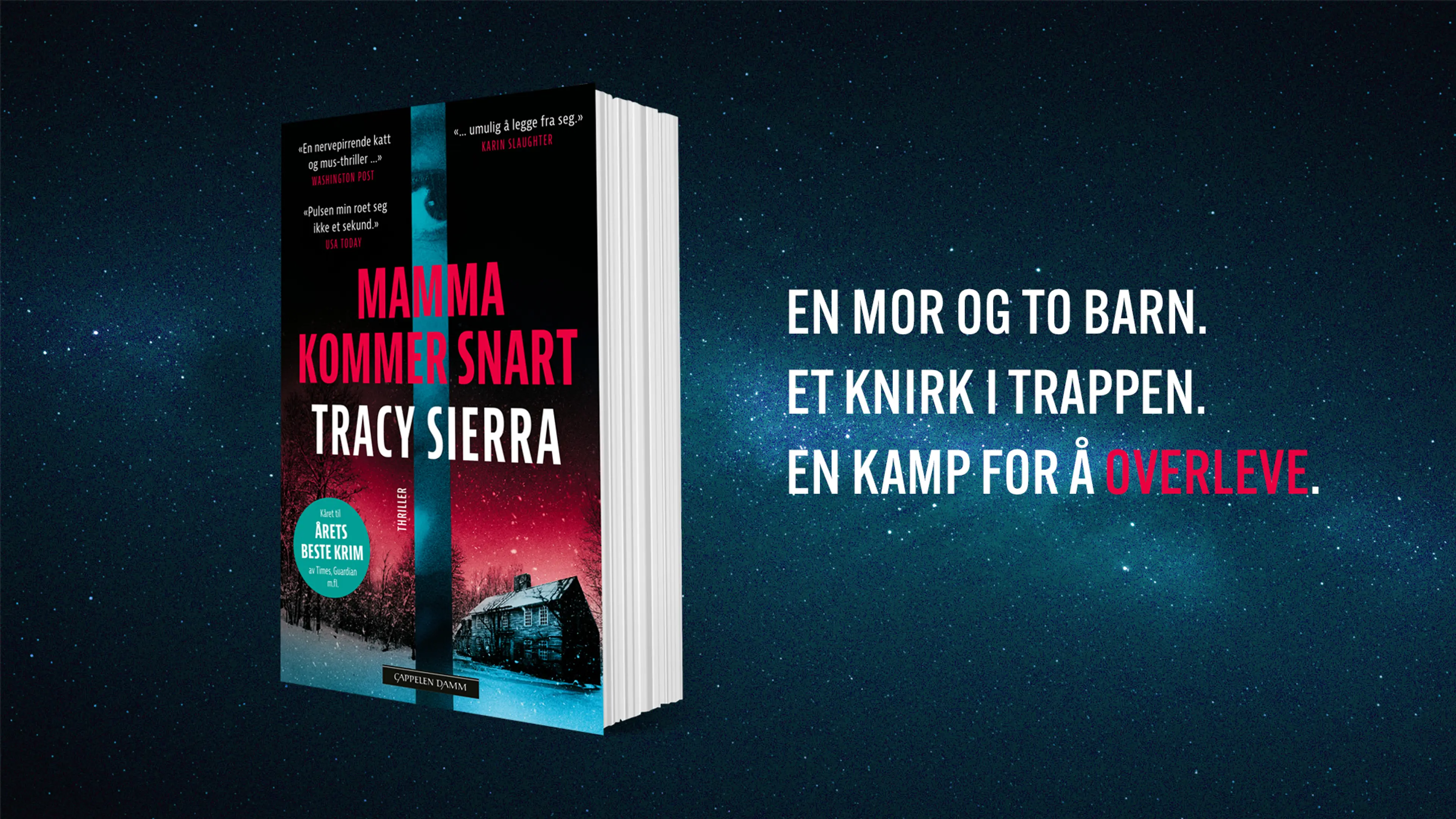 Boken Mamma kommer snart på en bakgrunn av mørkeblå stjernehimmel