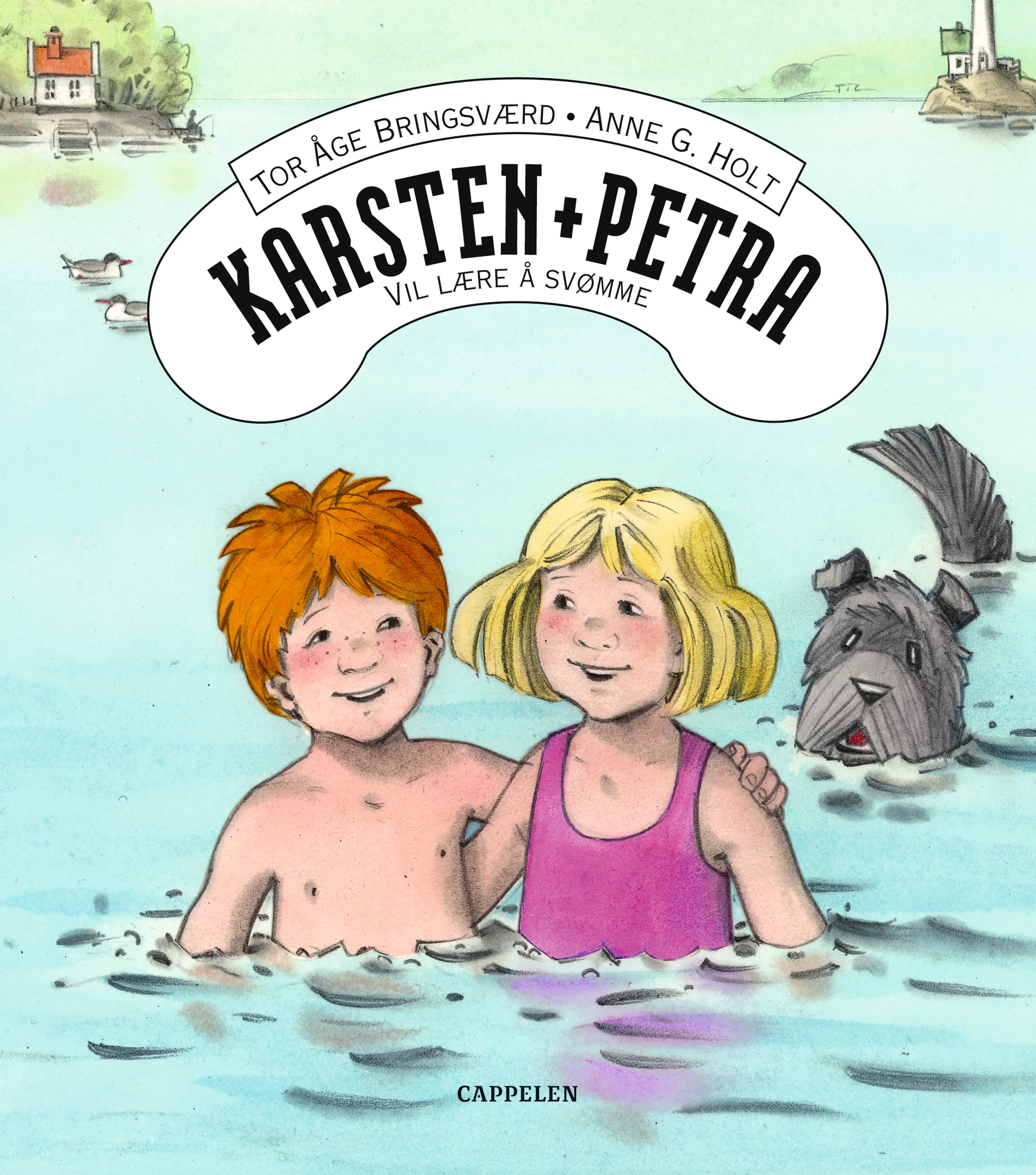 Omslag Karsten og Petra vil lære å svømme av Tor Åge Bringsværd og Anne G. Holt (Innbundet)
