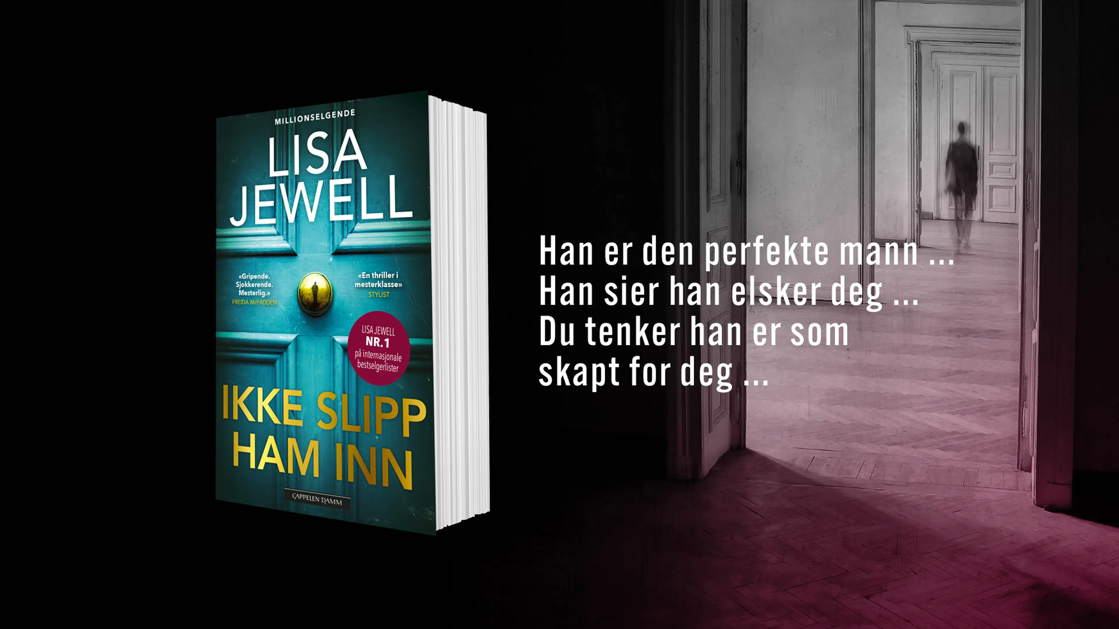 Boken Ikke slipp ham inn på svart bakgrunn og bilde av en mann som går gjennom en dør