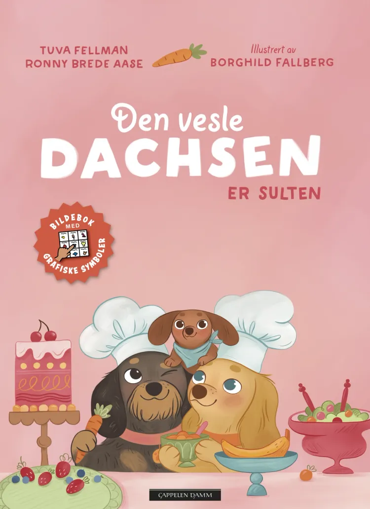 Omslag Den vesle dachsen er sulten (med grafiske symboler, ASK) av Tuva Fellman og Ronny Brede Aase (Innbundet)