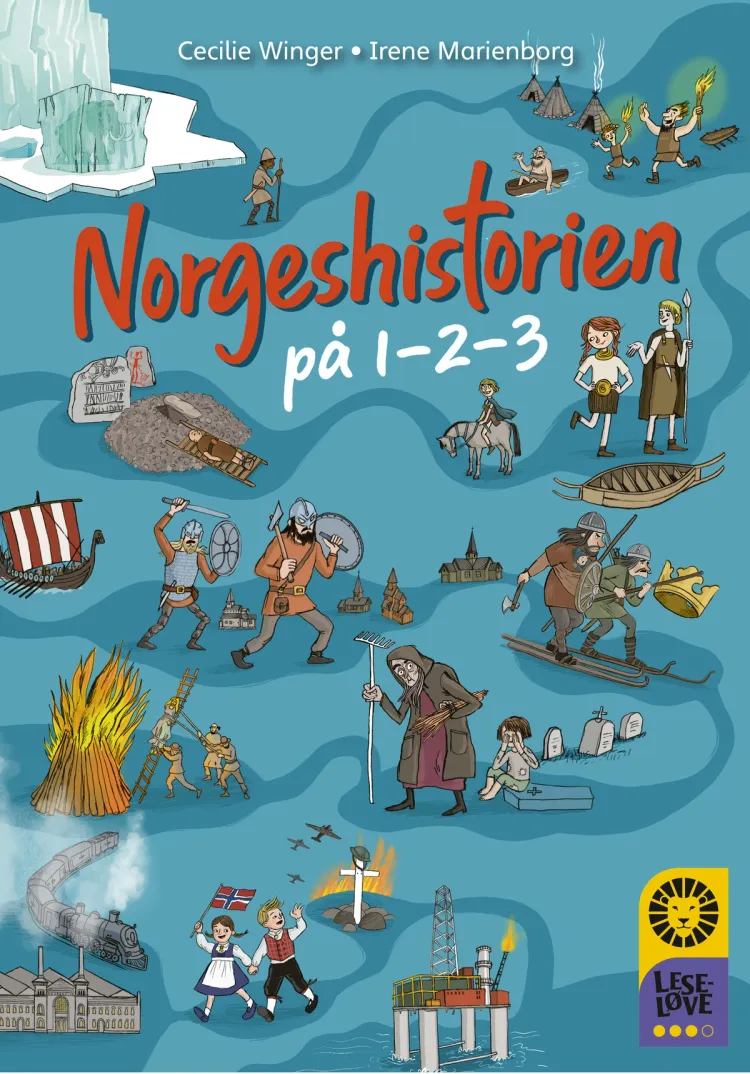 Omslag Leseløve nivå 3 - Norgeshistorien på 1-2-3 av Cecilie Winger og Irene Marienborg (Innbundet)