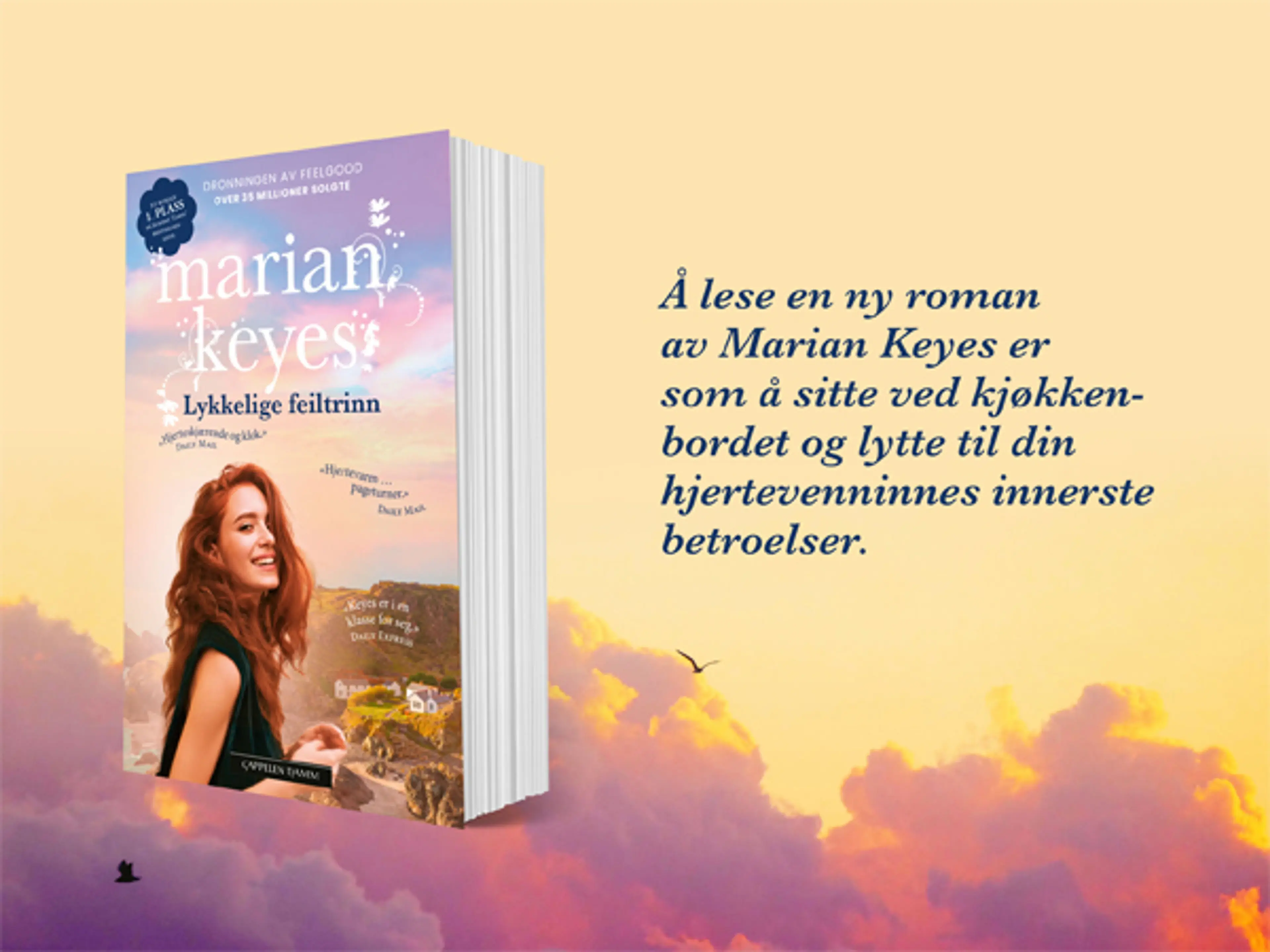 Boken Lykkelige feiltrinn på en bakgrunn med solfylt himmel og rosa skyer