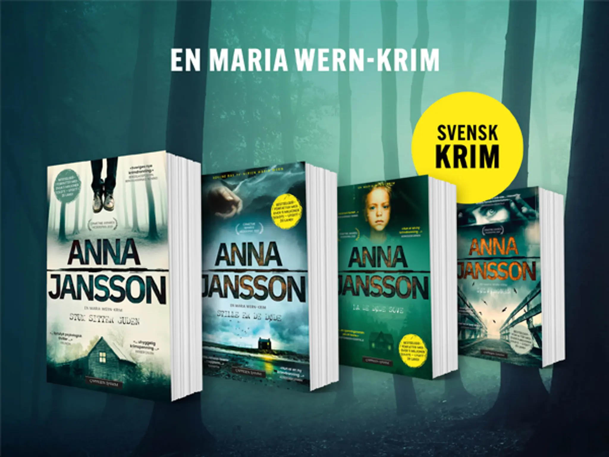 De fire første bøkene i krimserien om Maria Wern og bombe med teksten Svensk krim
