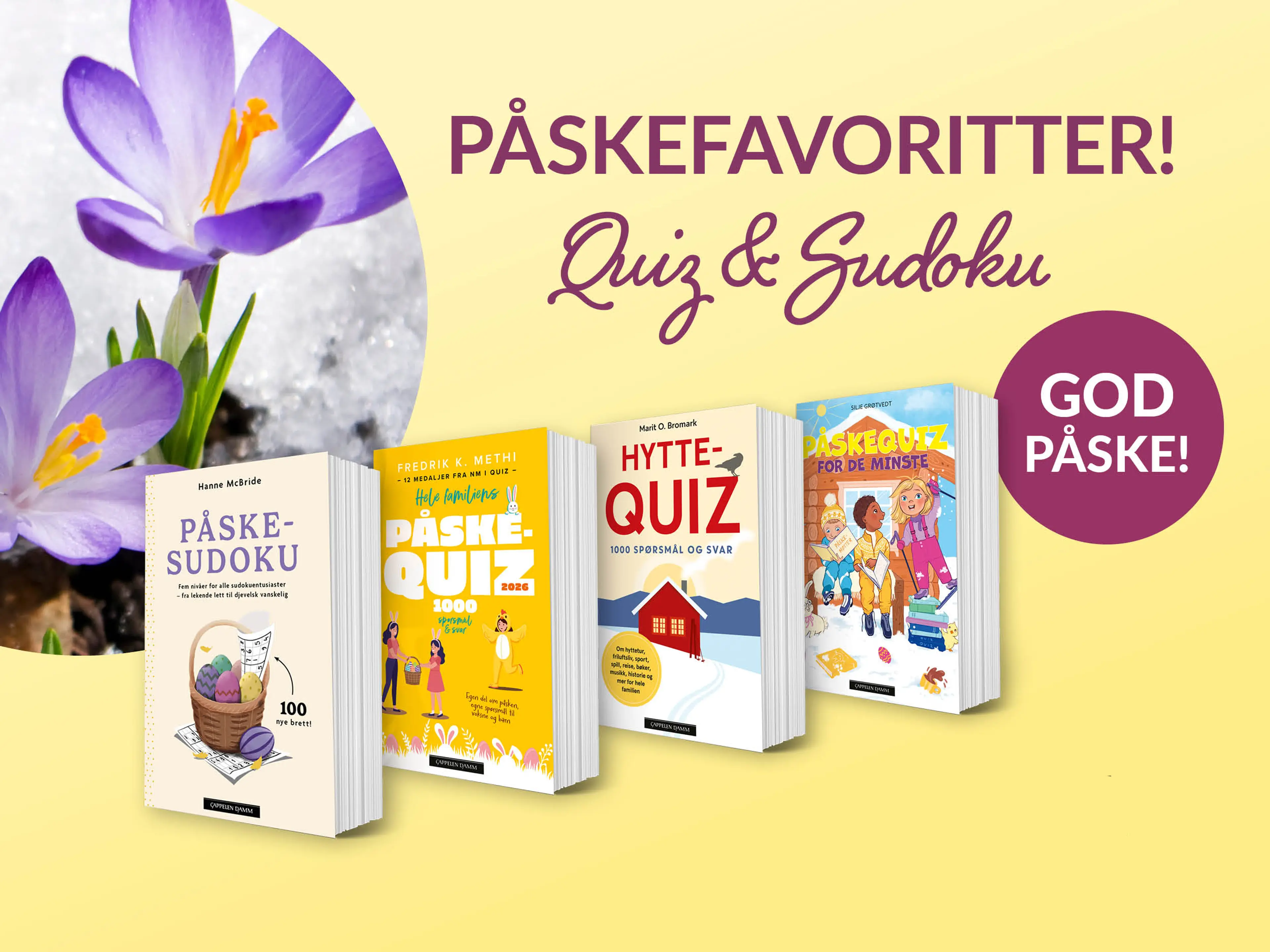 Fire quiz. og sudokubøker på lysegul bakgrunn