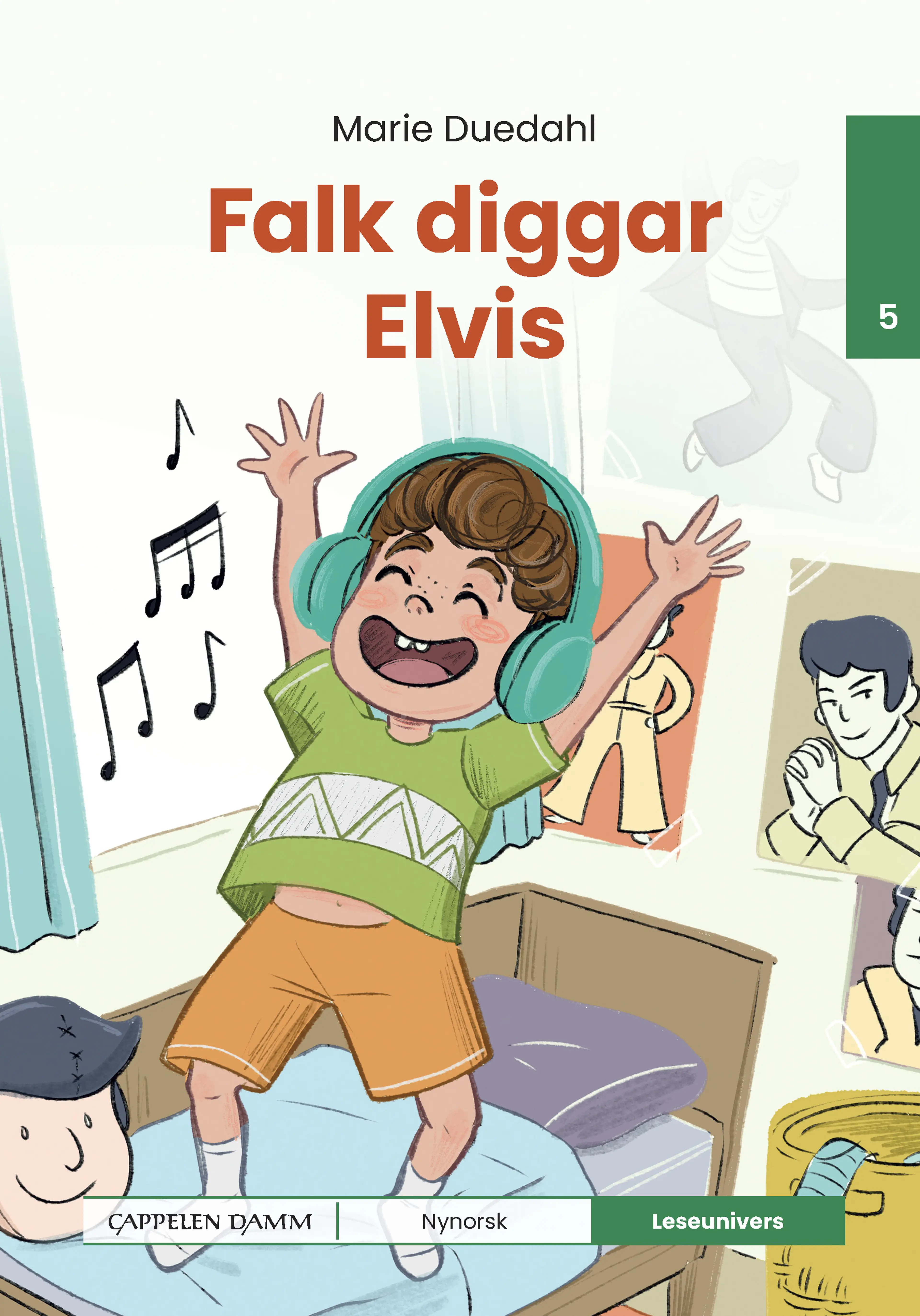 Omslag Leseunivers 5: Falk diggar Elvis av Marie Duedahl (Innbundet)