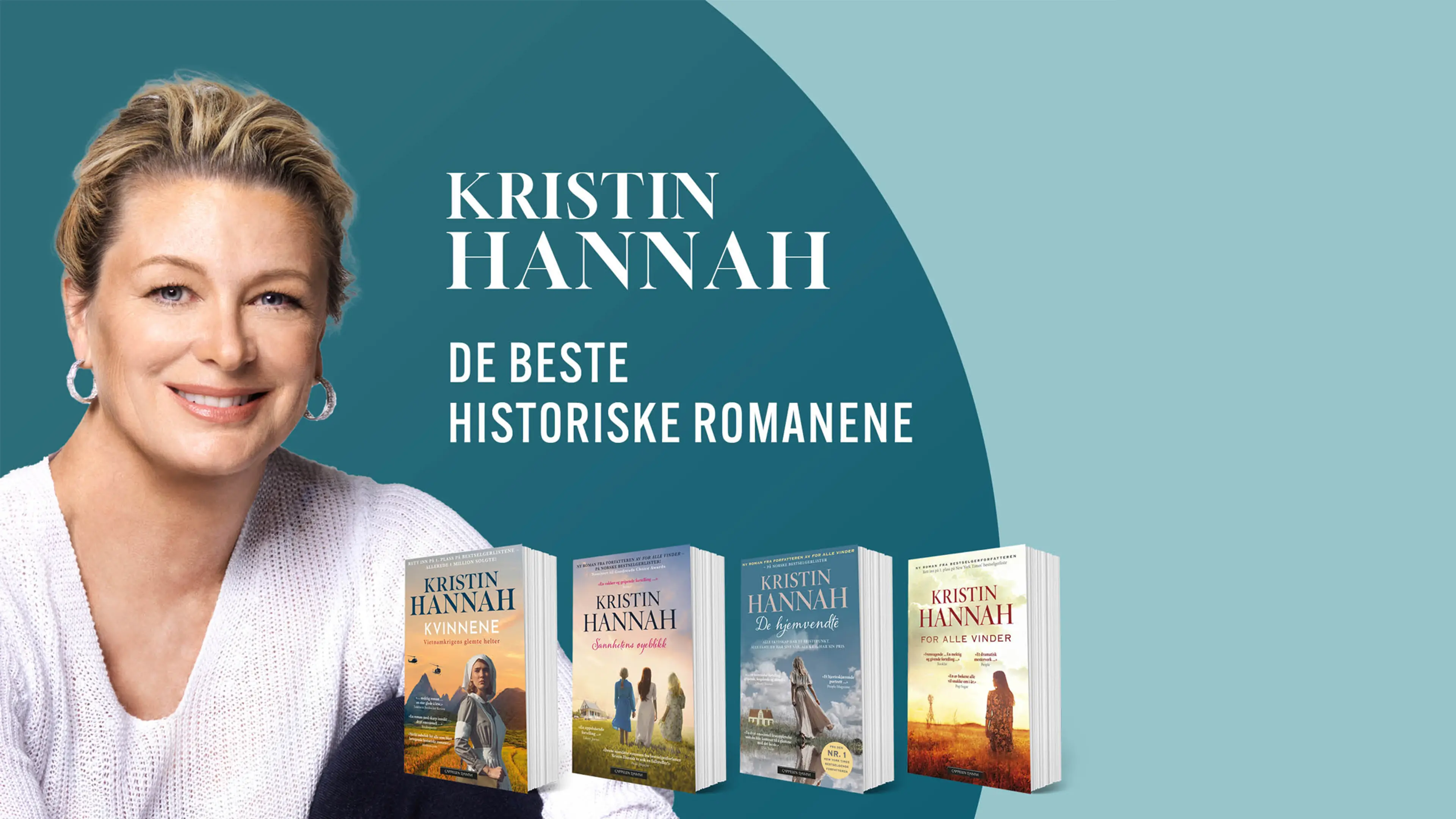 Forfatter Kristin Hannah og fire av bøkene hennes