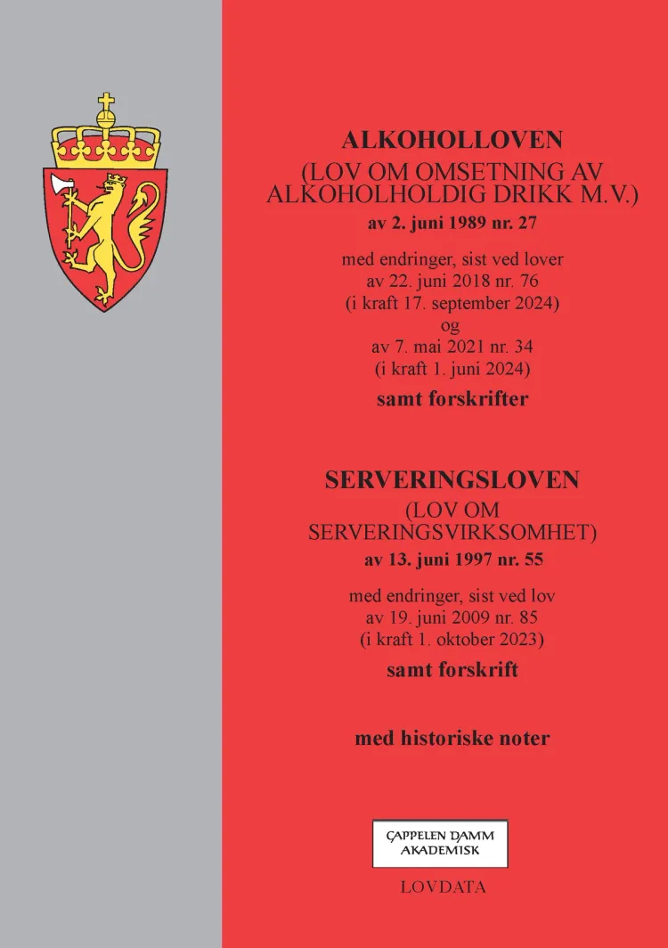 Omslag Alkoholloven m/forskrifter og serveringsloven m/forskrift (Heftet)