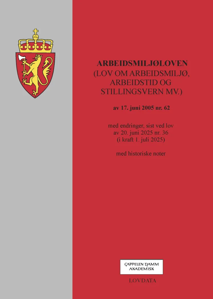 Omslag Arbeidsmiljøloven (lov om arbeidsmiljø, arbeidstid og stillingsvern mv.) (Heftet)