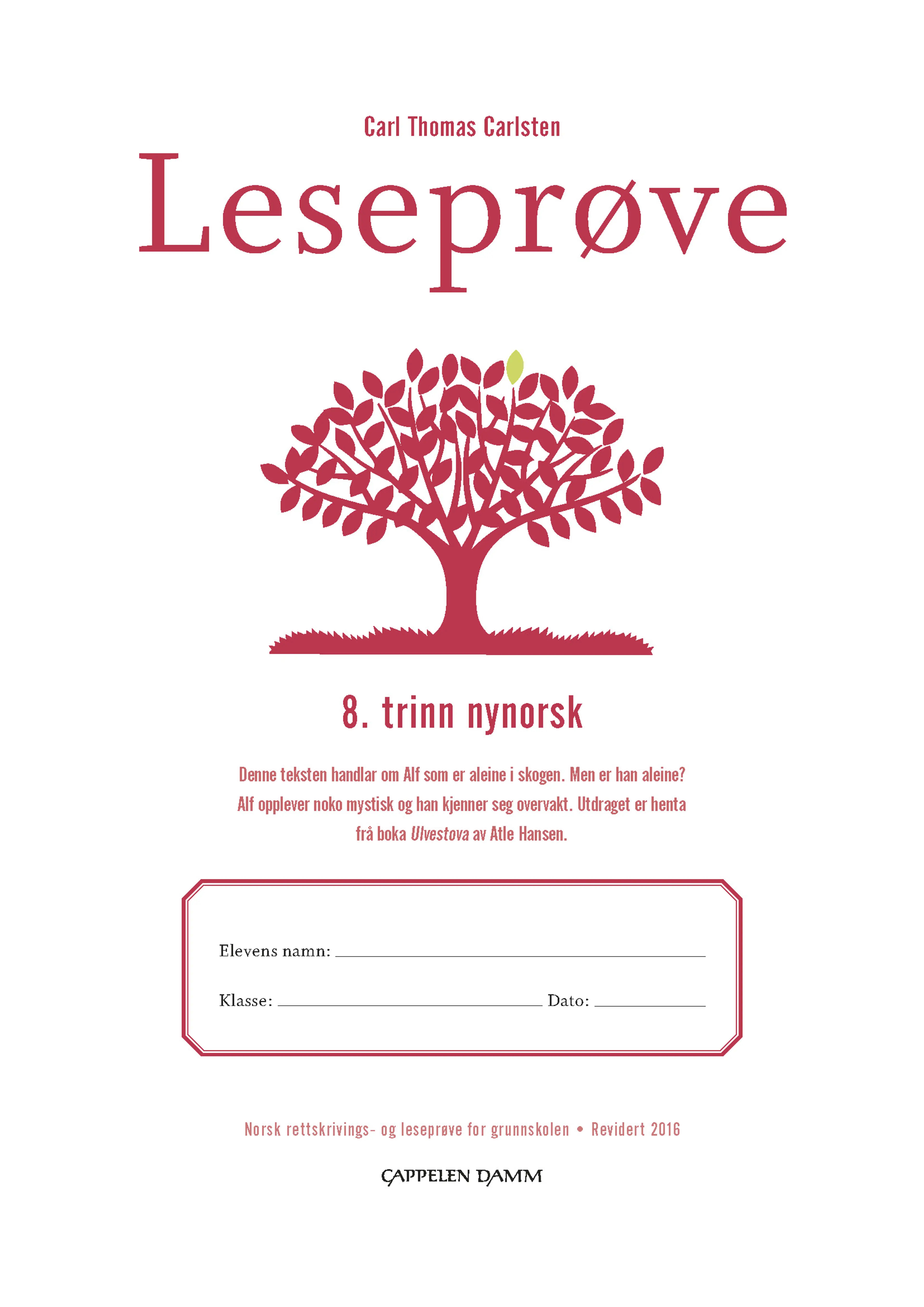 Omslag Leseprøve 8. trinn nynorsk av Carl Thomas Carlsten (Heftet)