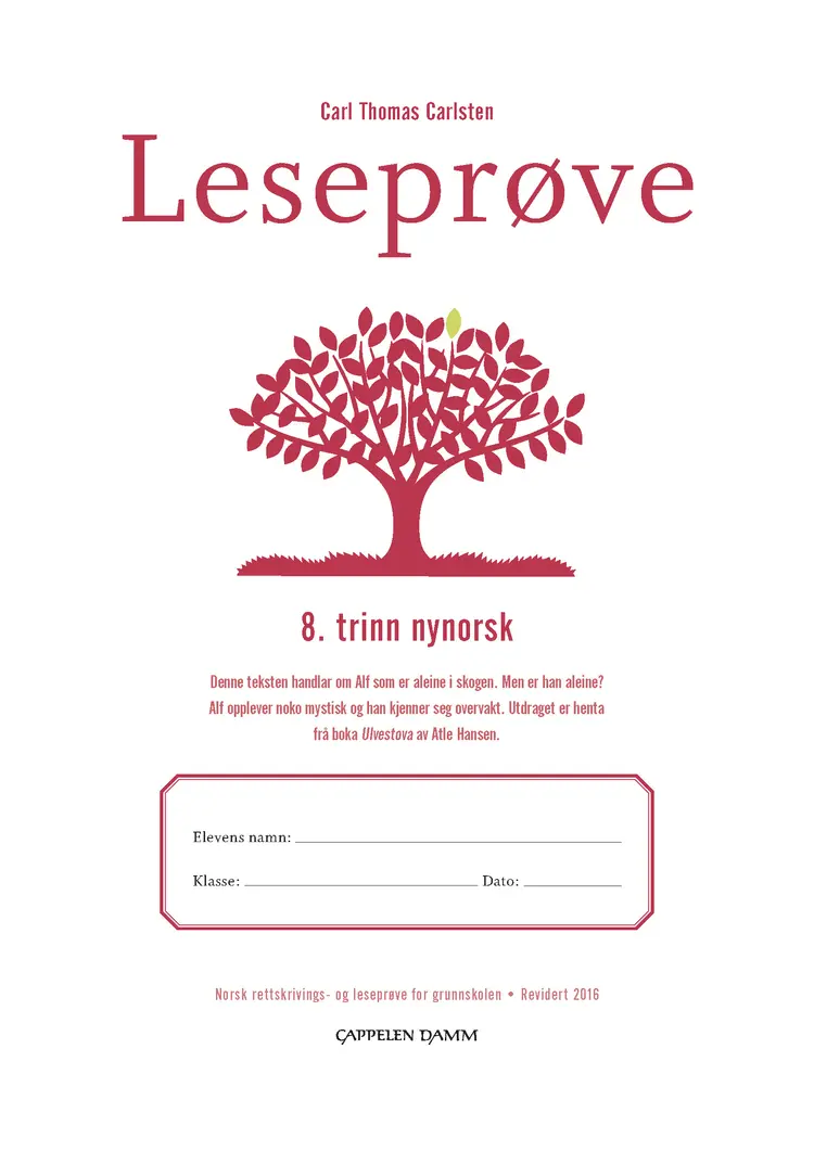 Omslag Leseprøve 8. trinn nynorsk av Carl Thomas Carlsten (Heftet)