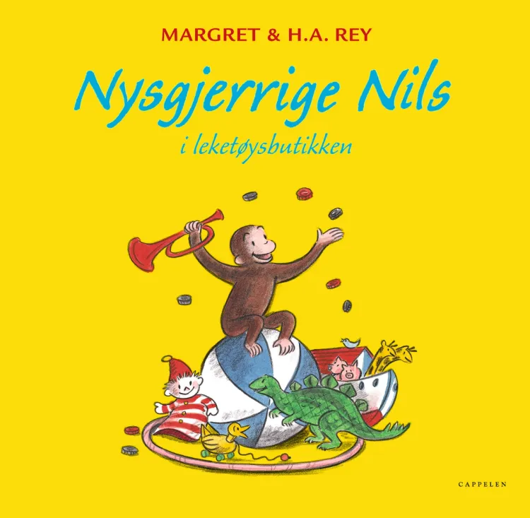 Omslag Nysgjerrige Nils i leketøysbutikken av Margaret og H.A. Rey (Innbundet)