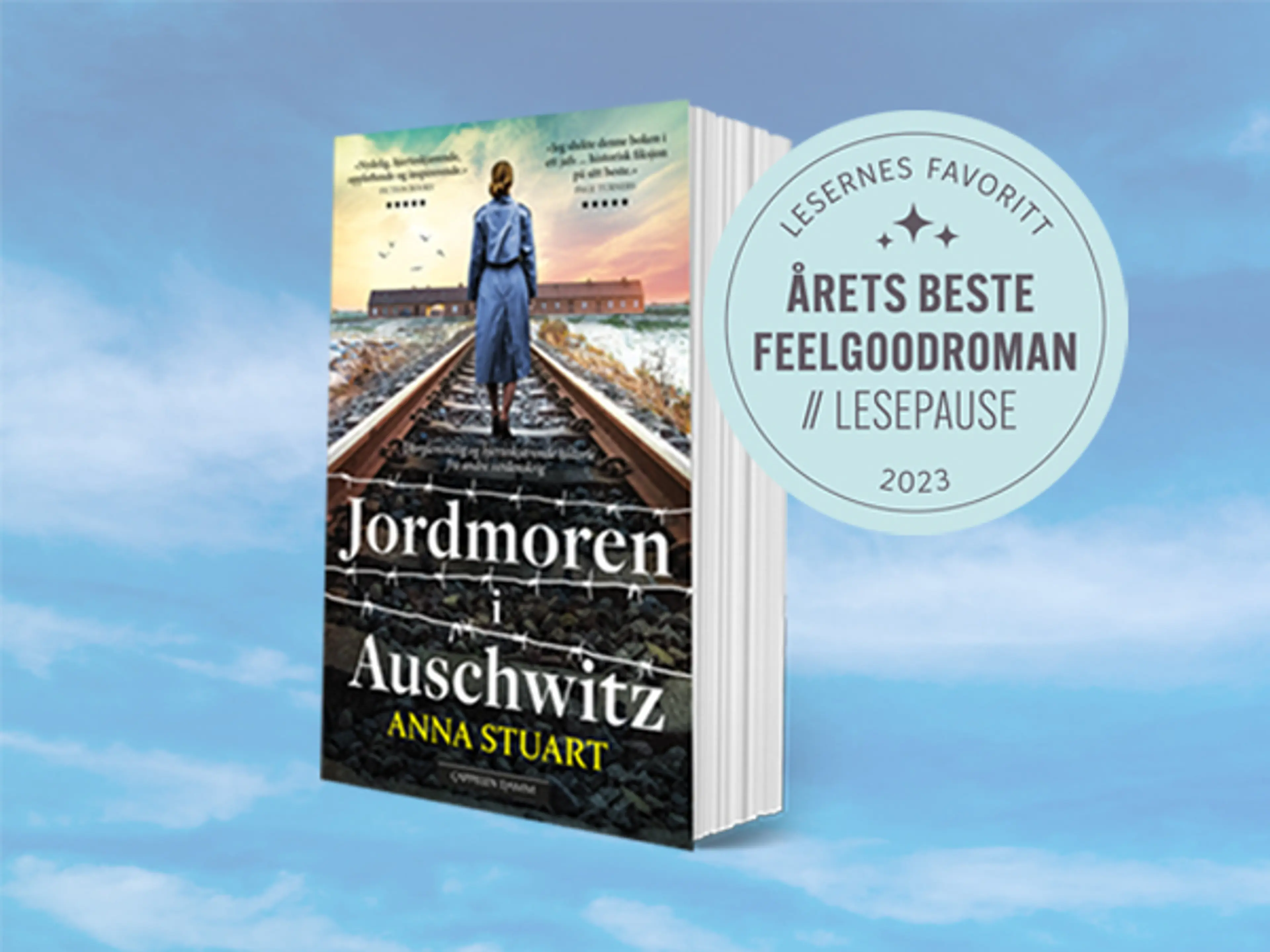 Omslag på boken Jordmoren i Auschwitz og bombe med teksten Årets beste feelgoodroman 2023