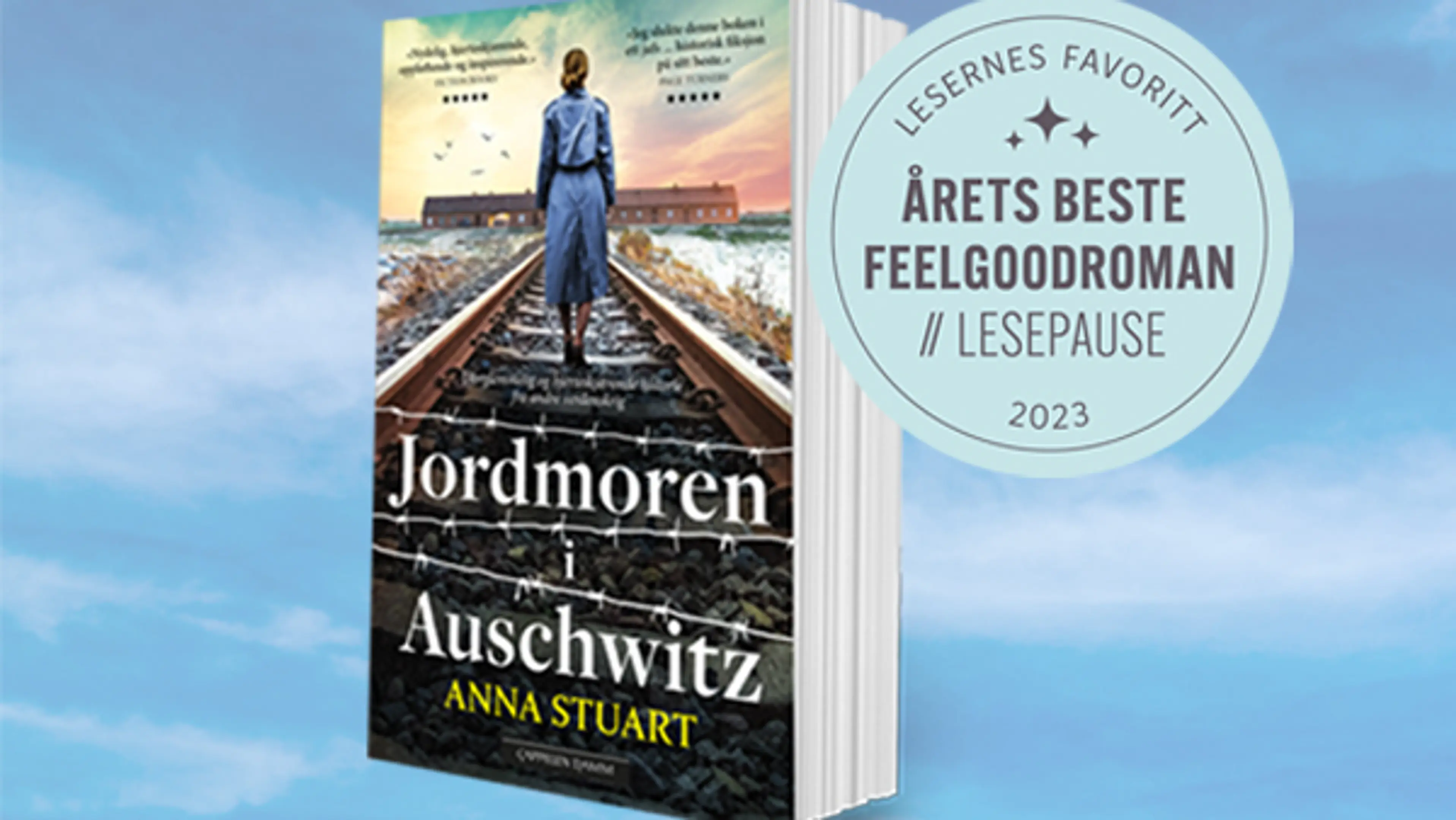 Omslag på boken Jordmoren i Auschwitz og bombe med teksten Årets beste feelgoodroman 2023
