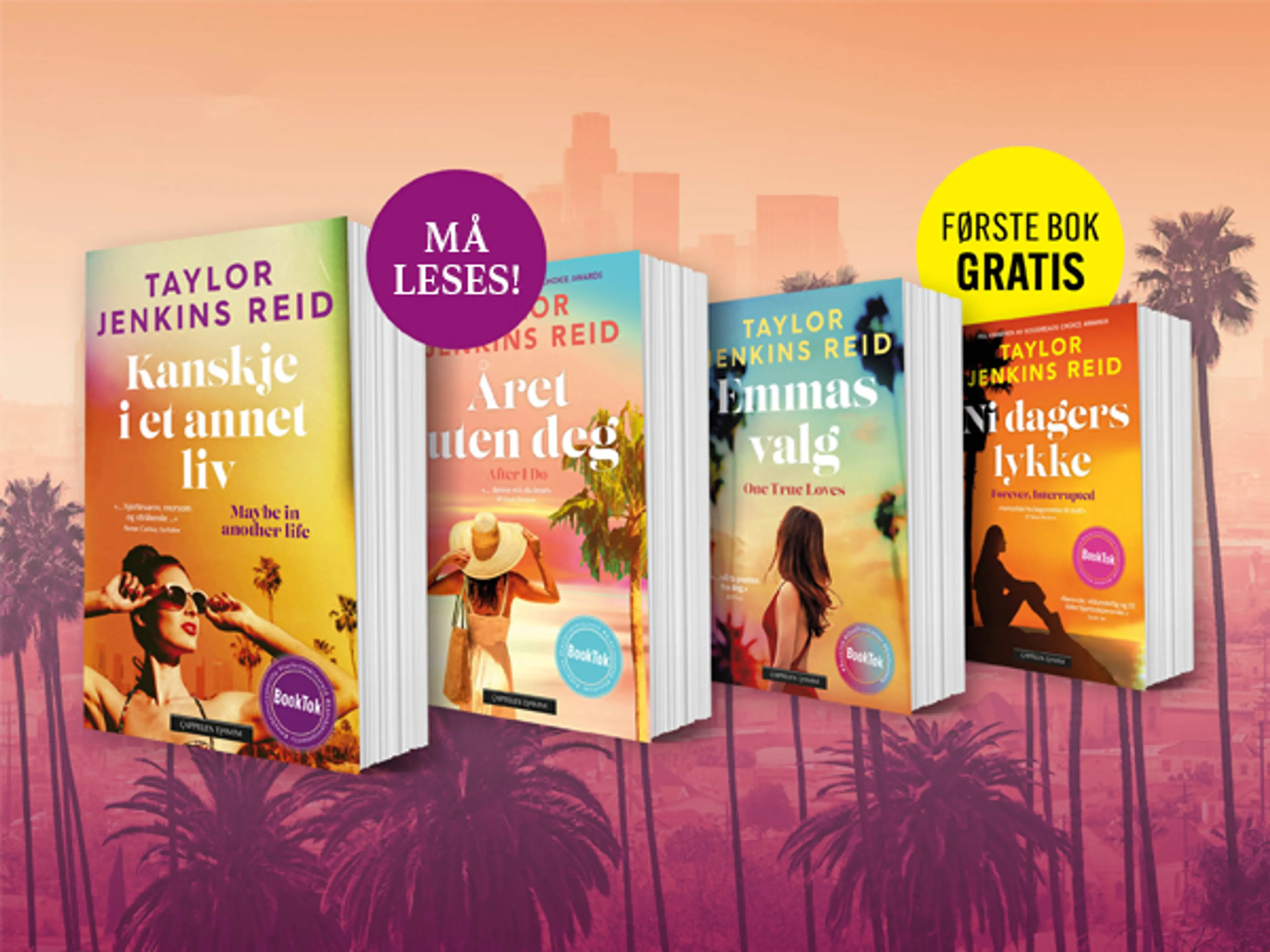 Fire bøker av Taylor Jenkins Reid og bombe med teksten Gratis bok