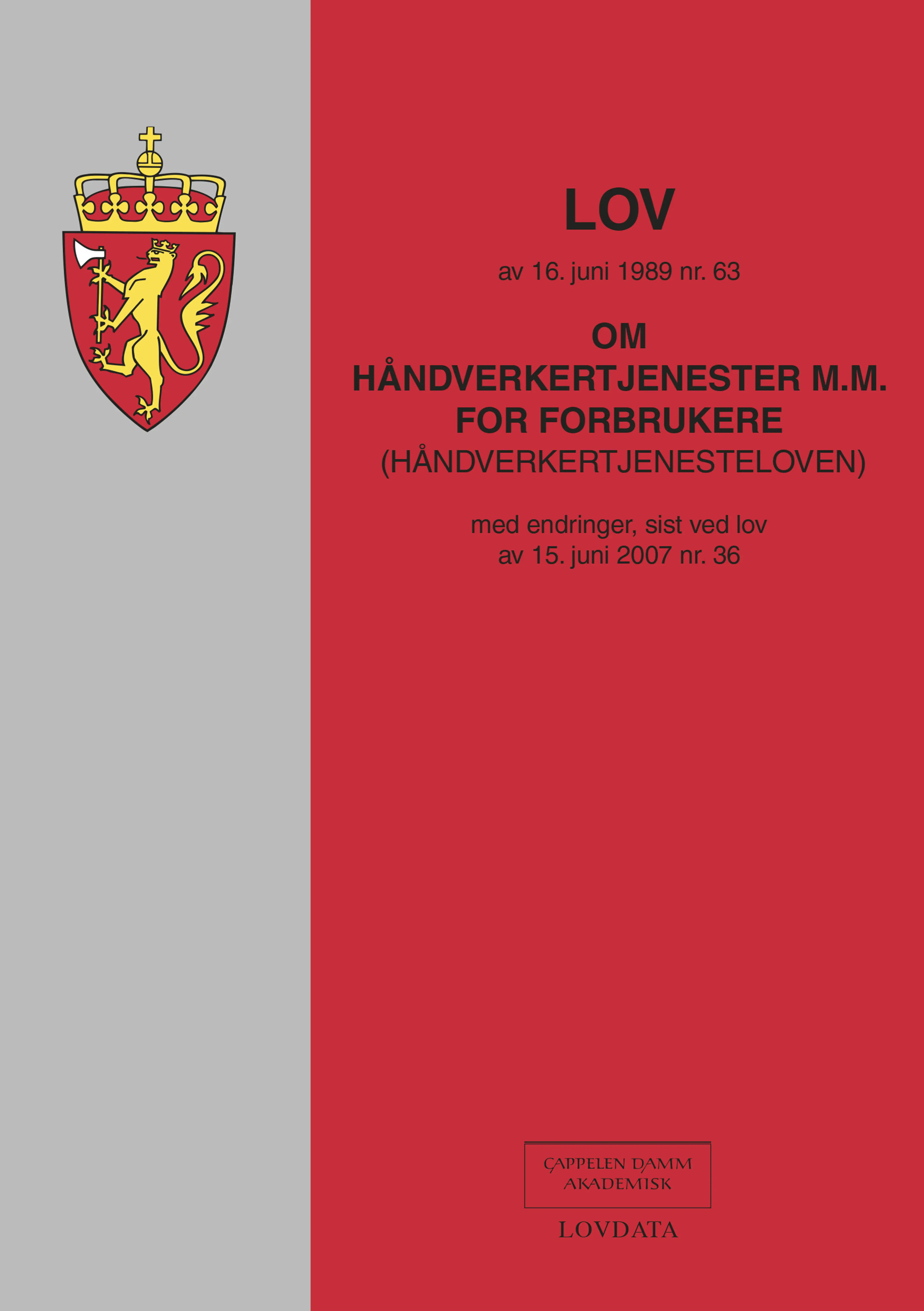 Omslag Lov om håndverkertjenester m.m. (Heftet)