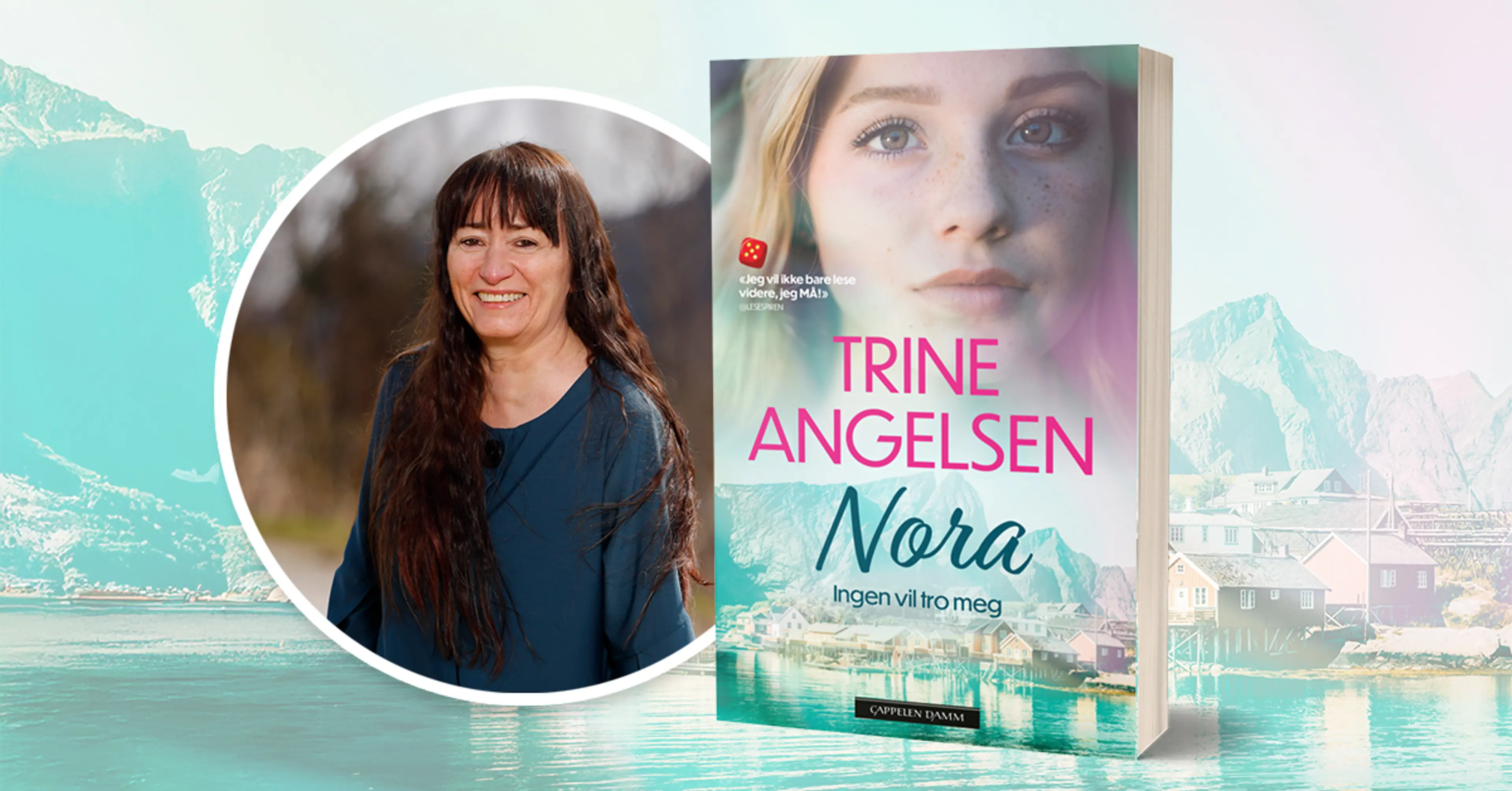 Portrett av forfatter Trine Angelsen og bilde av første bok i serien Nora