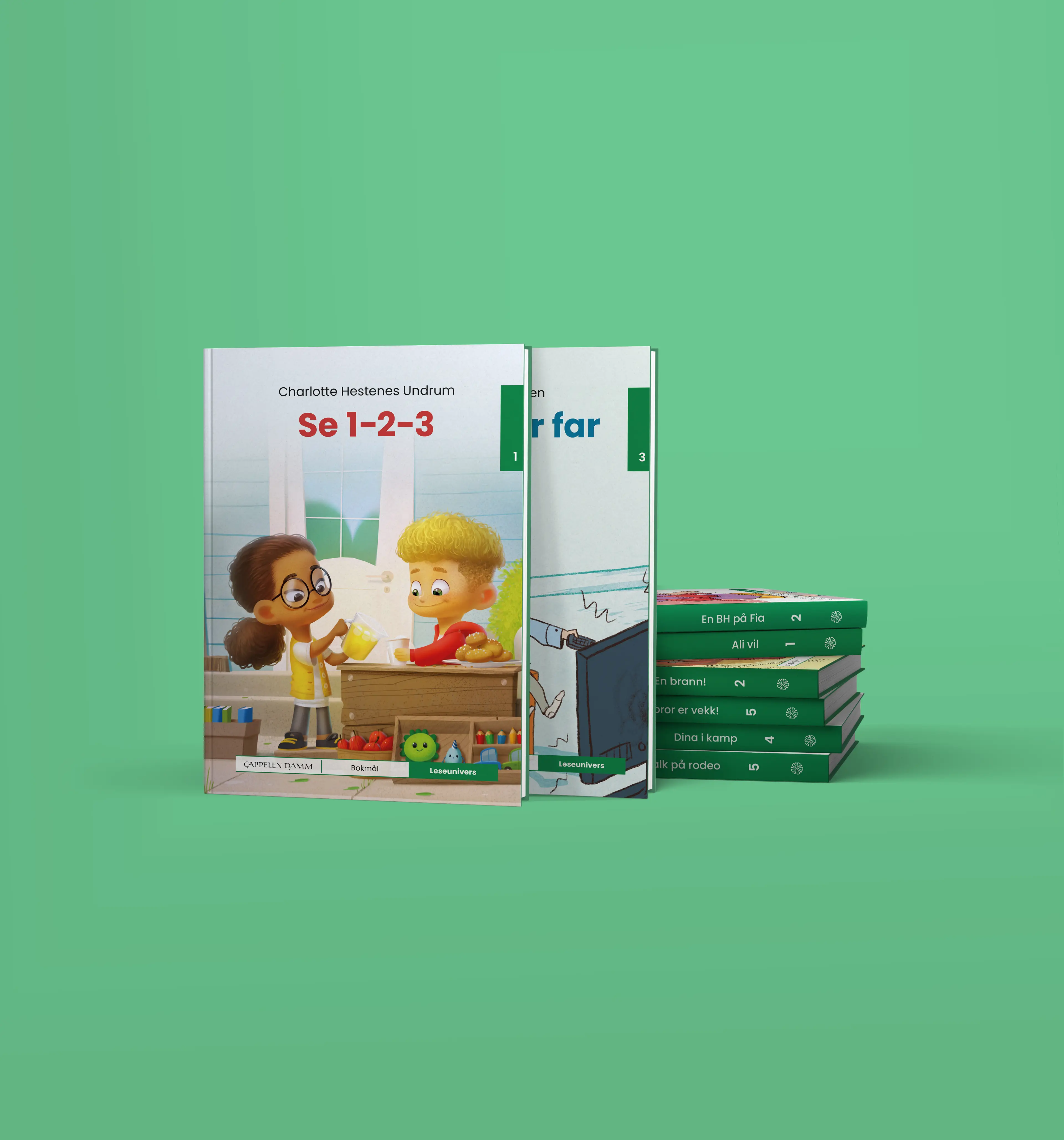 Omslag Grønn pakke Leseunivers fra Cappelen Damm (Eske)