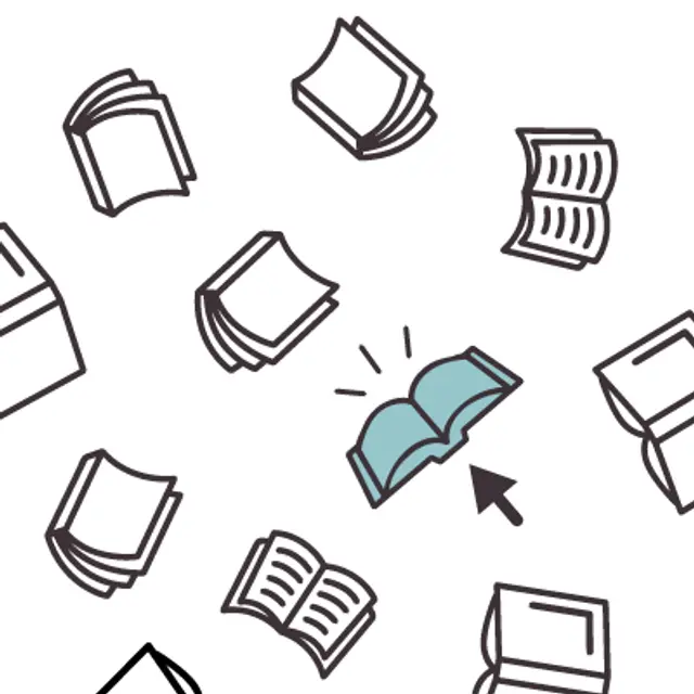 Svevende bøker med en uthevet bok med pil rettet mot. Illustrasjon