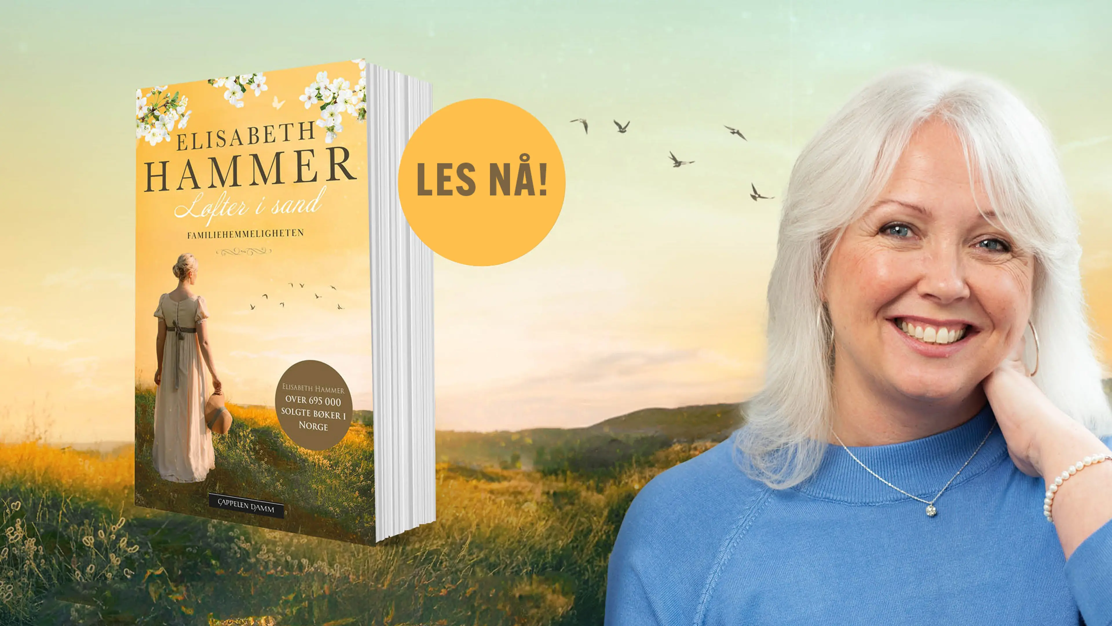 Forfatter Elisabeth Hammer med solgult landskap i bakgrunnen.