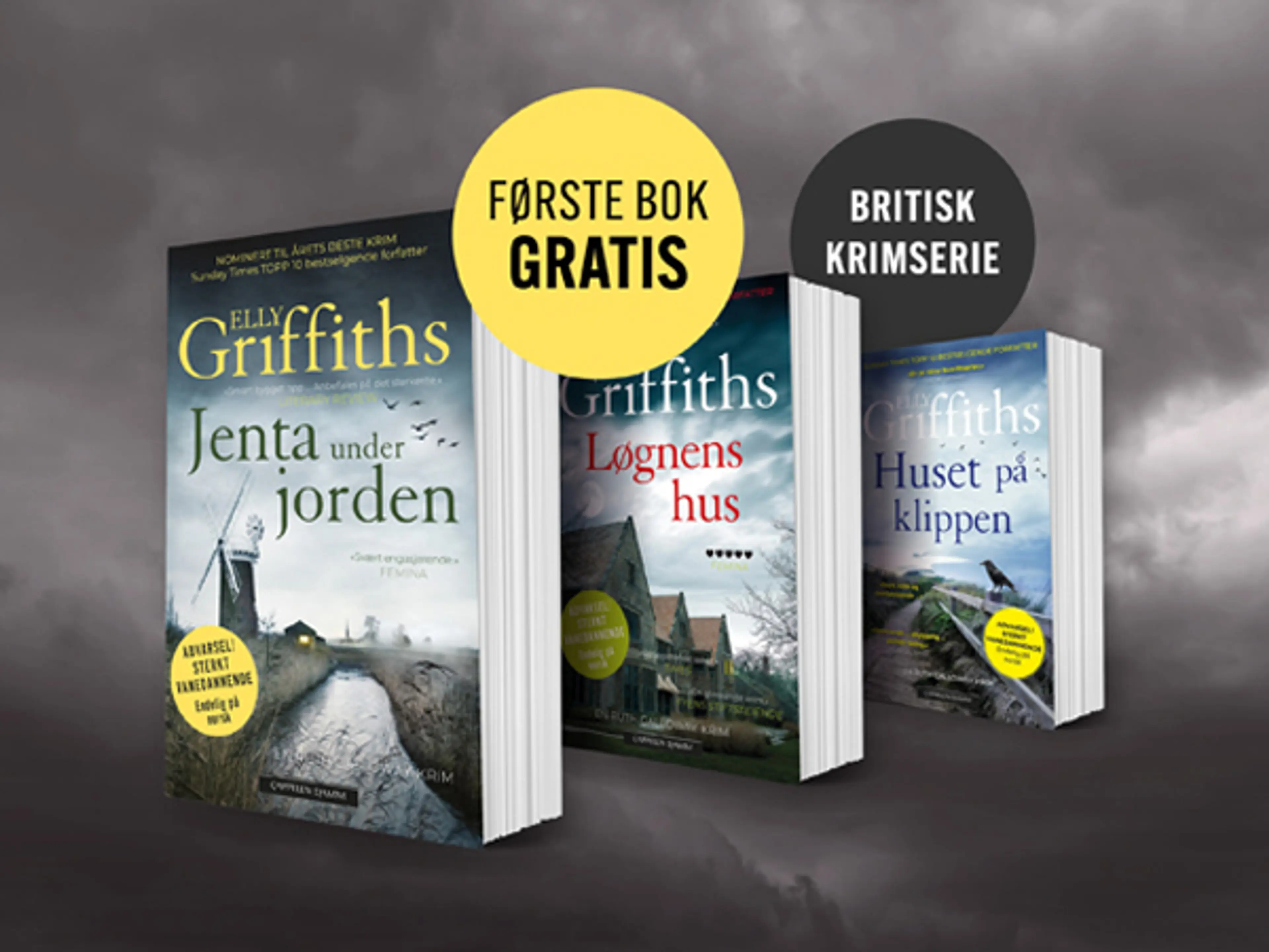 Omslag på de tre første bøkene i serien Ruth Galloway med bombe med teksten Første bok gratis.
