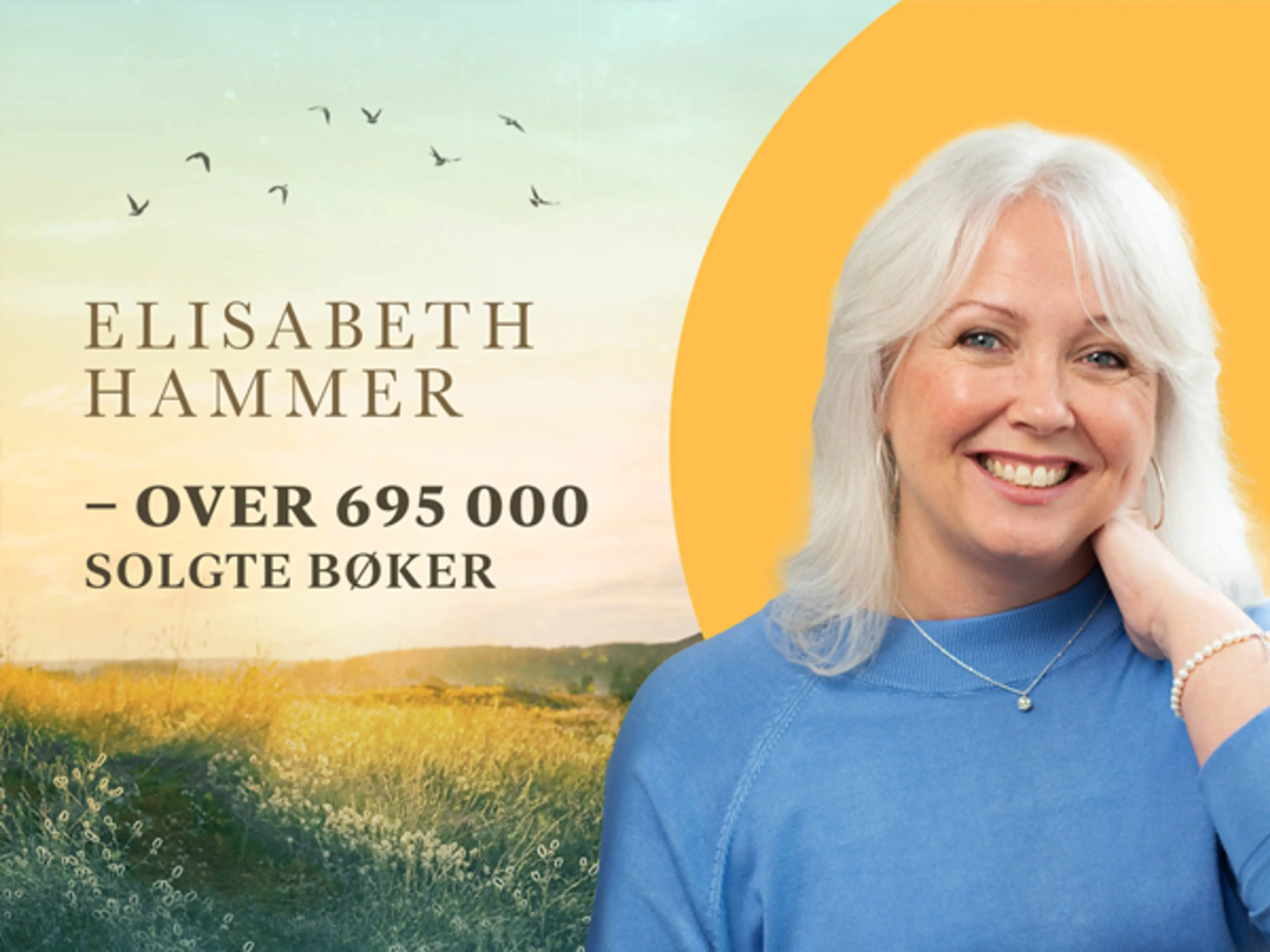 Forfatter Elisabeth Hammer med solgult landskap i bakgrunnen.