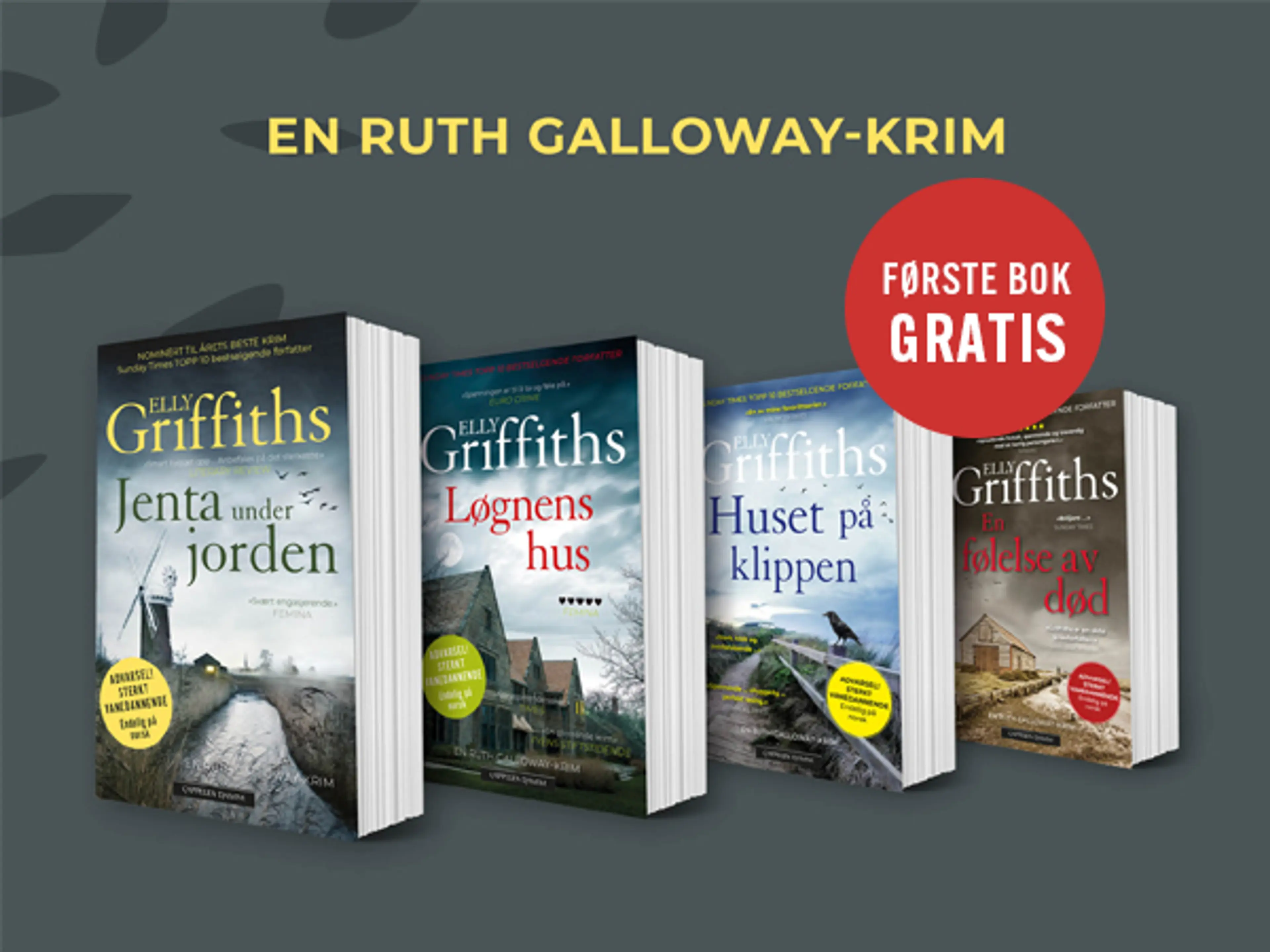 Fire første bøker i serien Ruth Galloway og bombe med teksten Første bok gratis