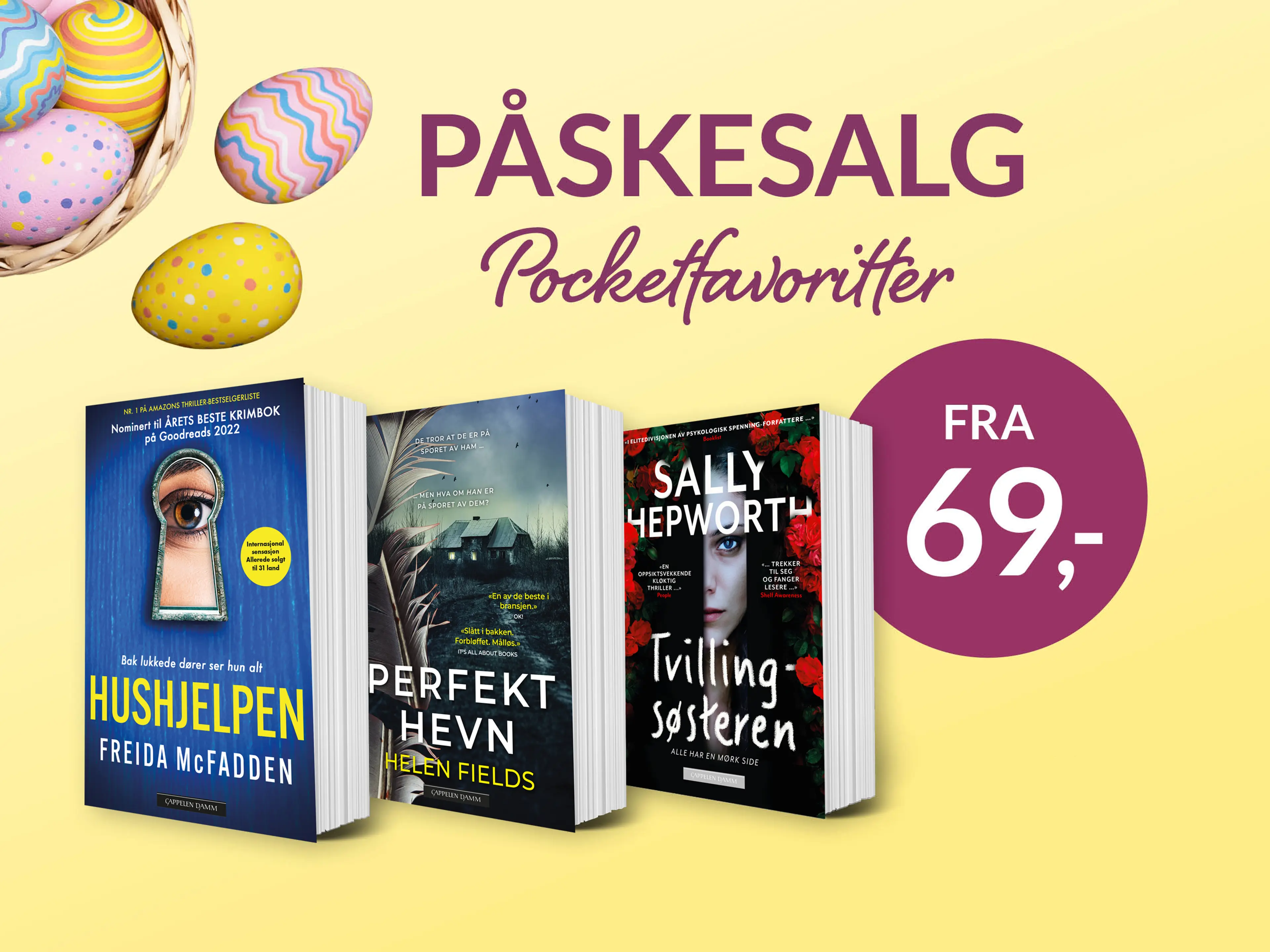 Gul bakgrunn med fargerike påskeegg og bombe med teksten fra 69
