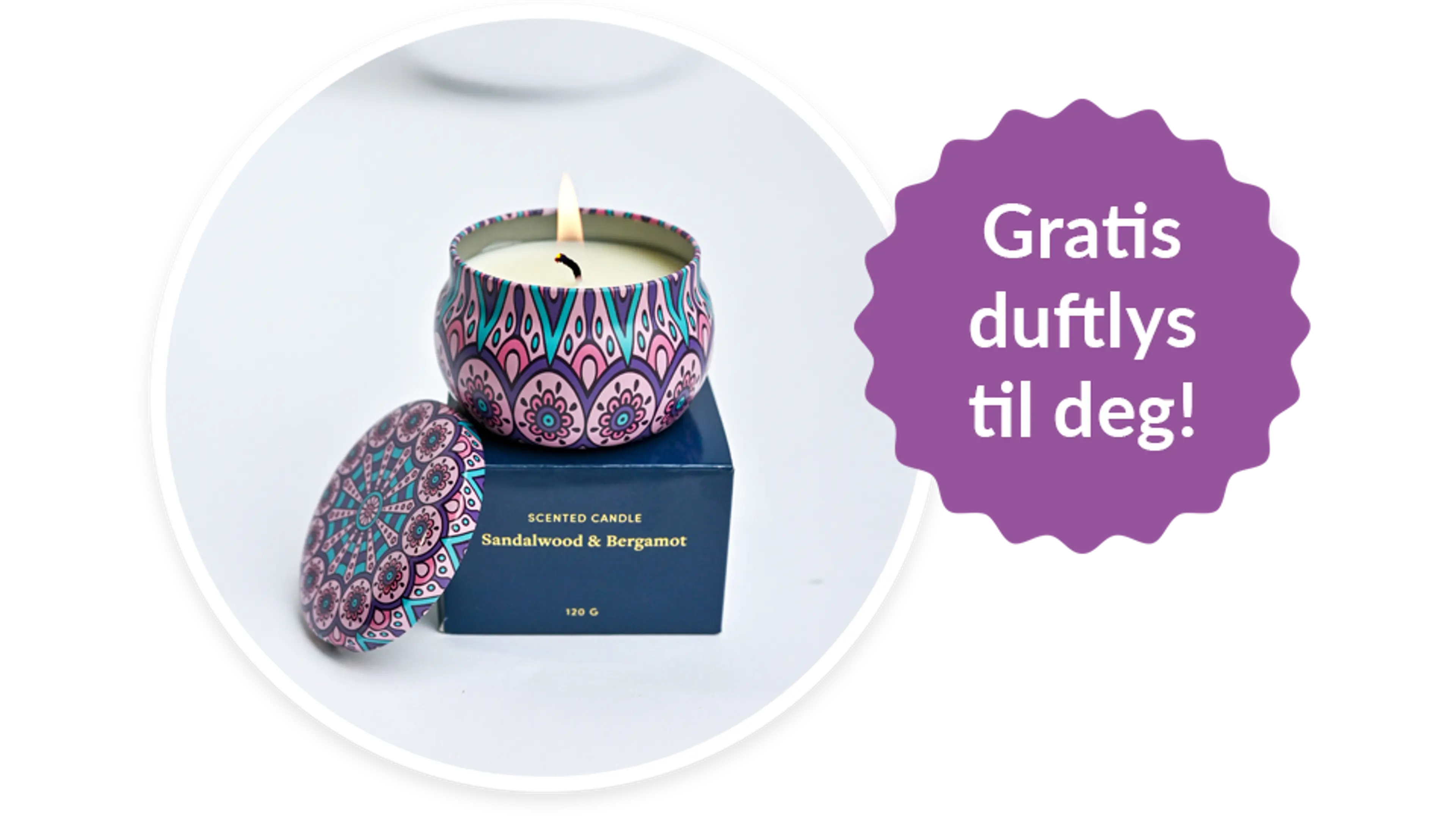 Foto av duftlys og bombe med teksten Gratis duftlys til deg