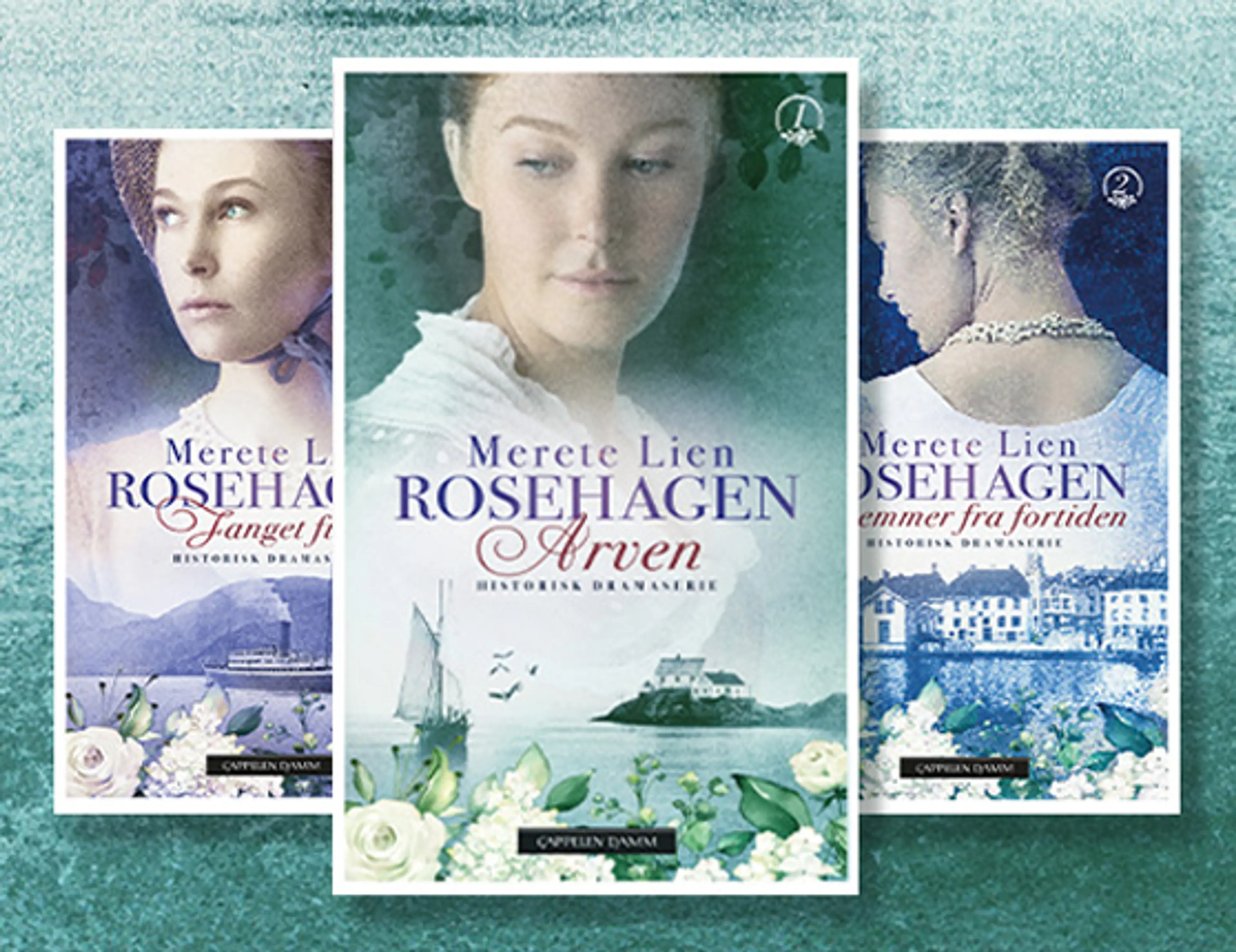 Omslagene på de tre første bøkene i serien Rosehagen, første bok Arven ligger foran de andre. Illustrasjon