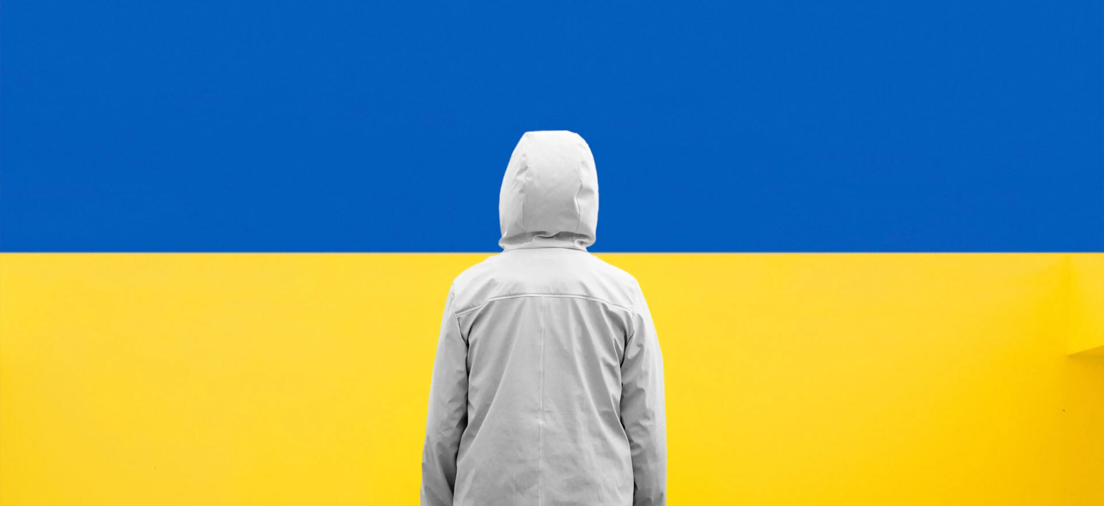 Foto av en person som ser på det Ukrainske flagget