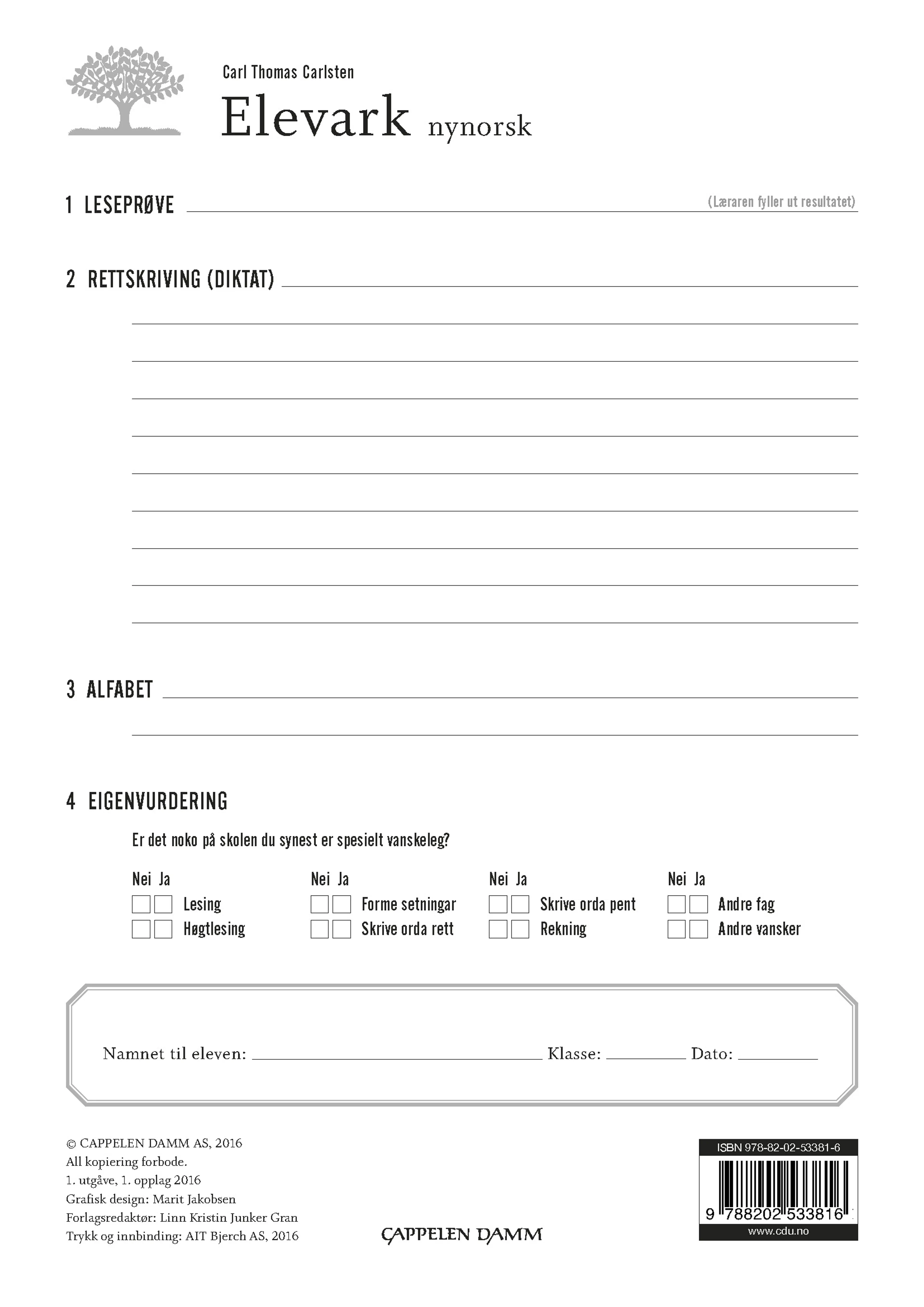 Omslag Elevark nynorsk (30 stk) av Carl Thomas Carlsten (Ukjent)