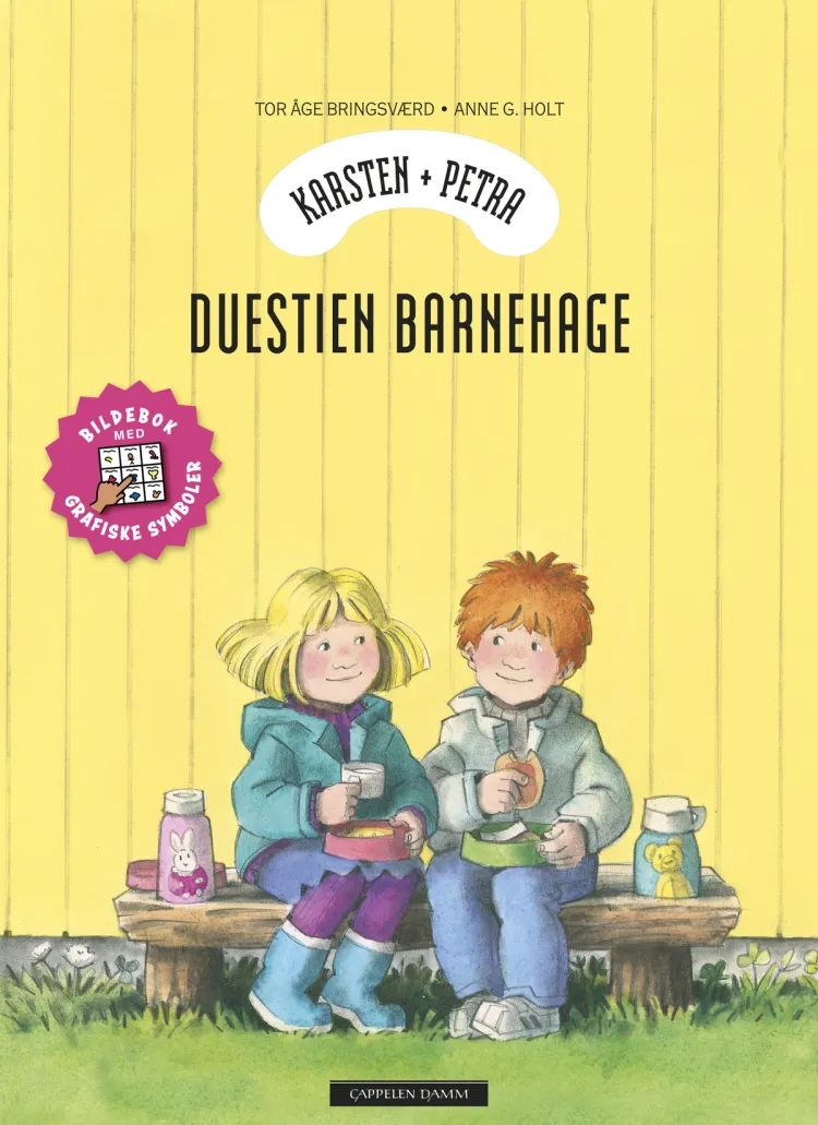 Omslag Karsten og Petra - Duestien barnehage (med grafiske symboler, ASK) av Tor Åge Bringsværd (Innbundet)