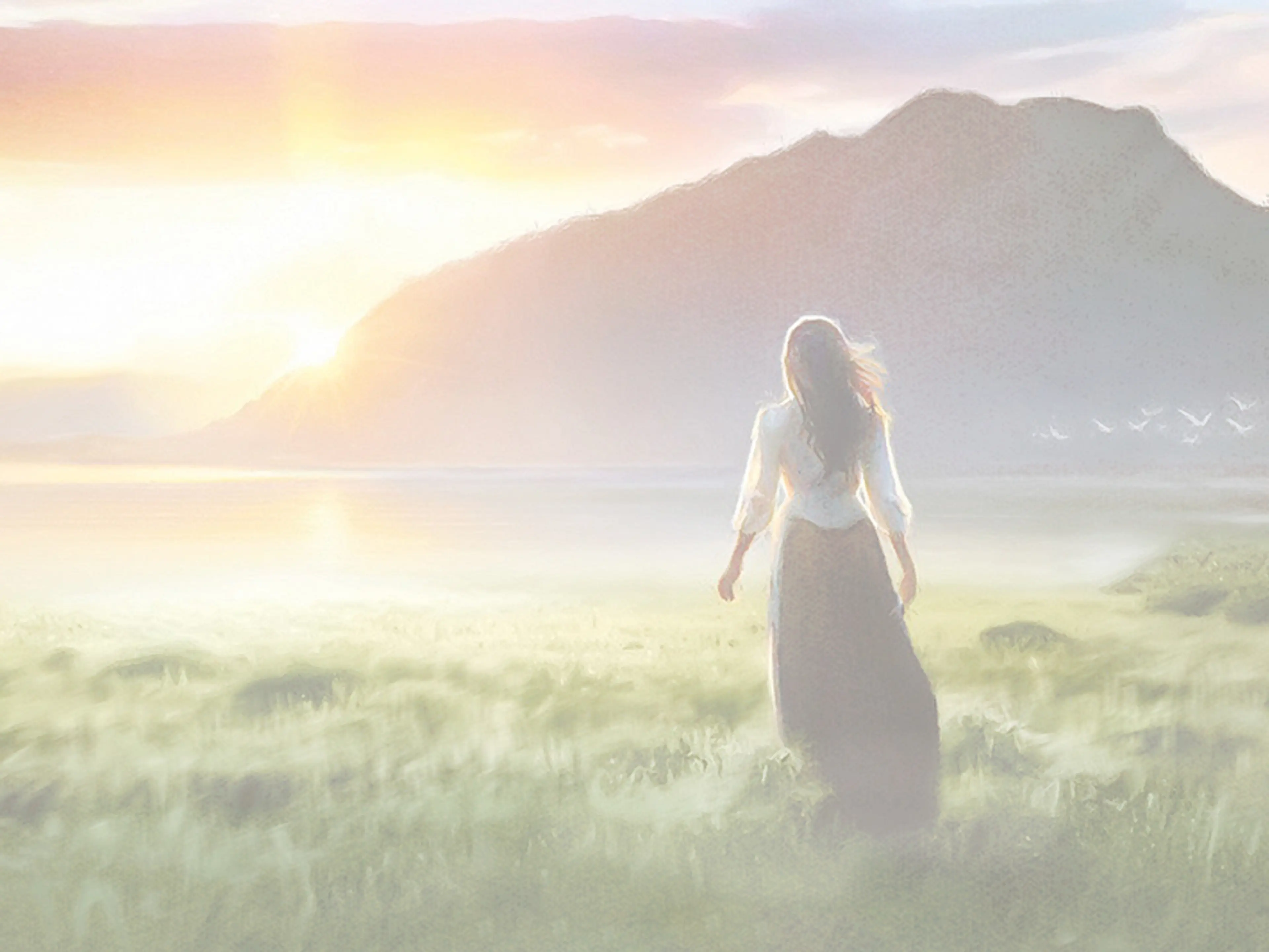 Illustrasjon av en ung dame bakfra som ser utover et vann i solnedgang
