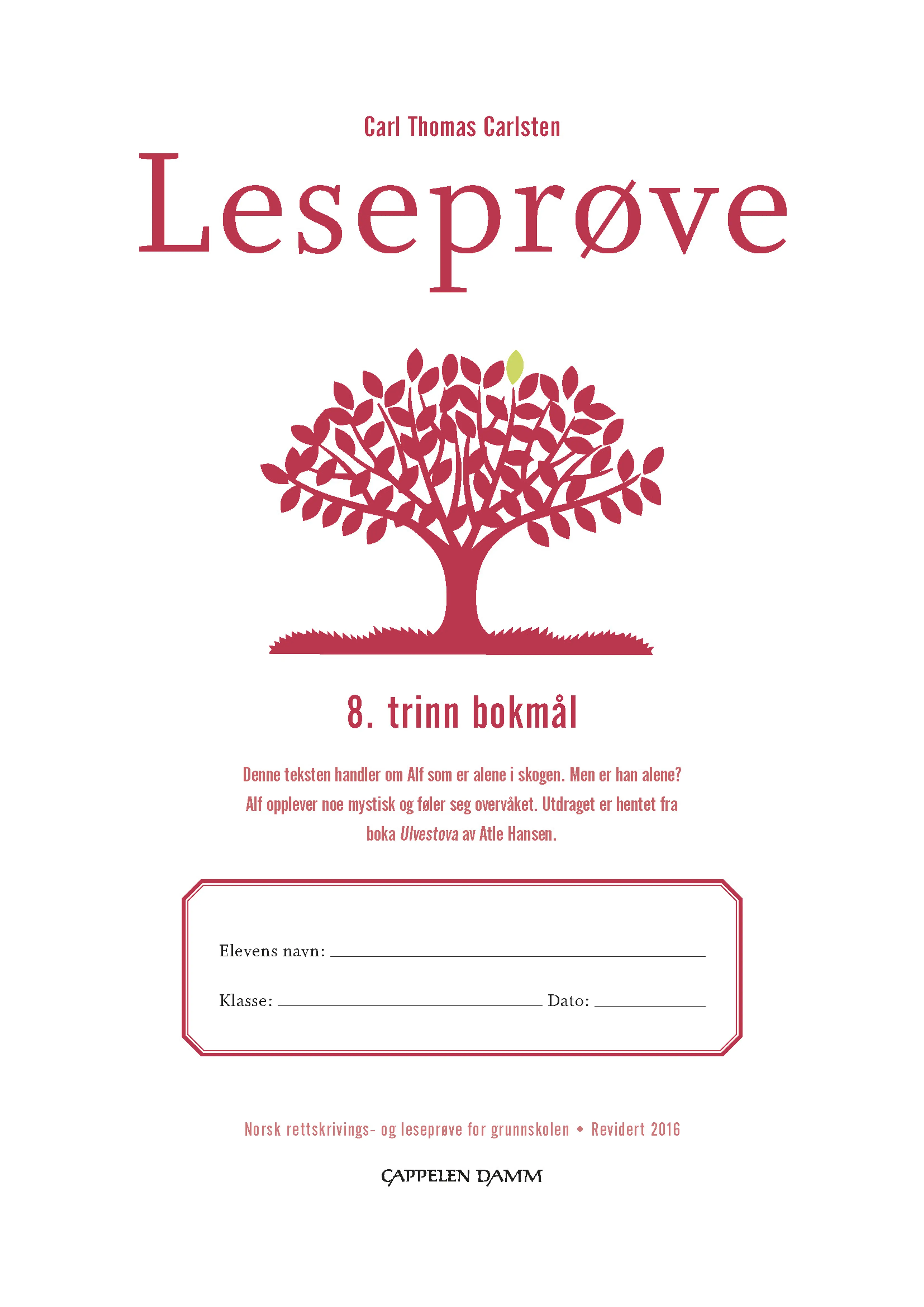 Omslag Leseprøve 8. trinn bokmål av Carl Thomas Carlsten (Heftet)