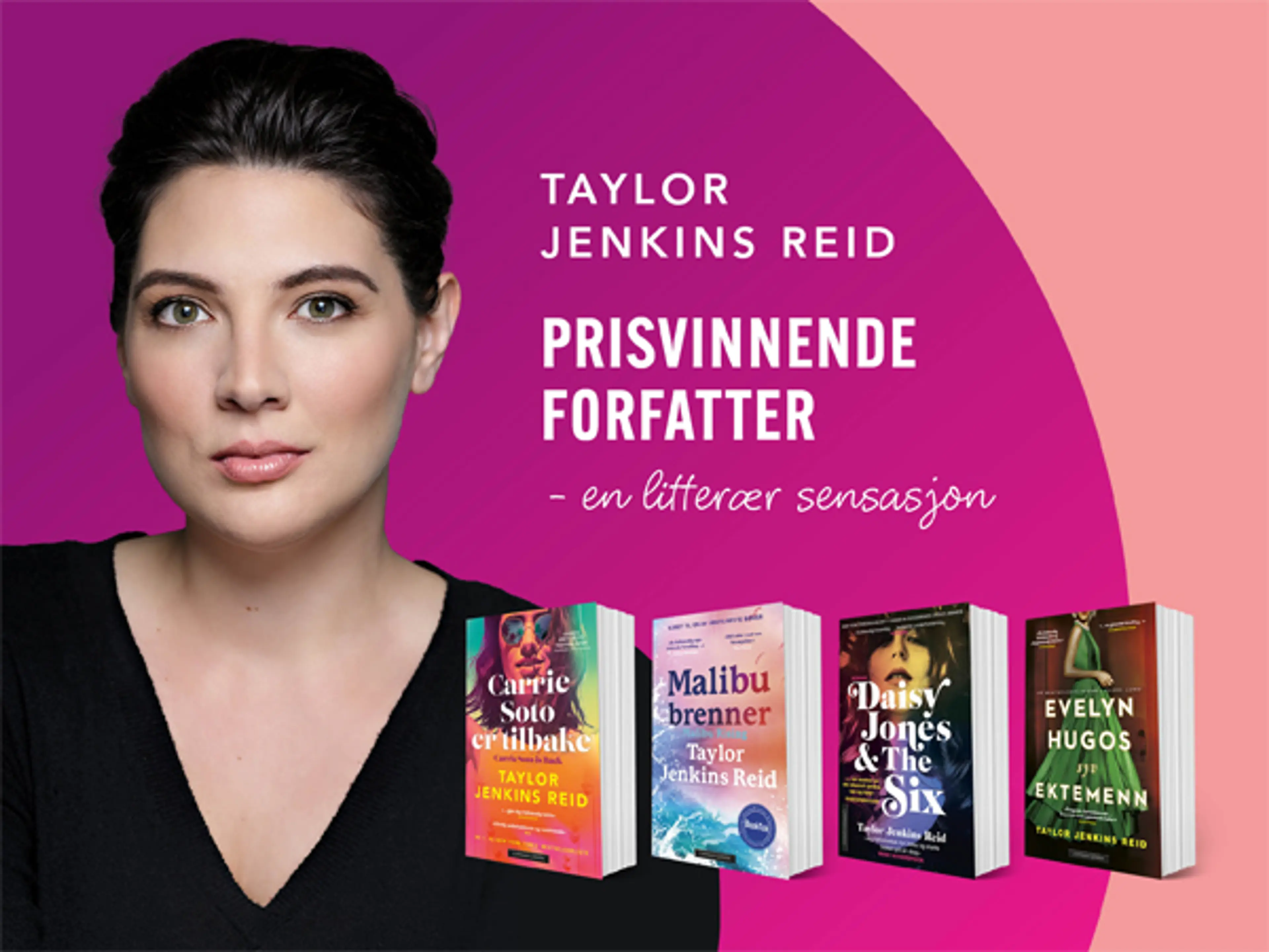 Portrett av forfatter Taylor Jenkins Reid og omslag på fire av hennes bøker