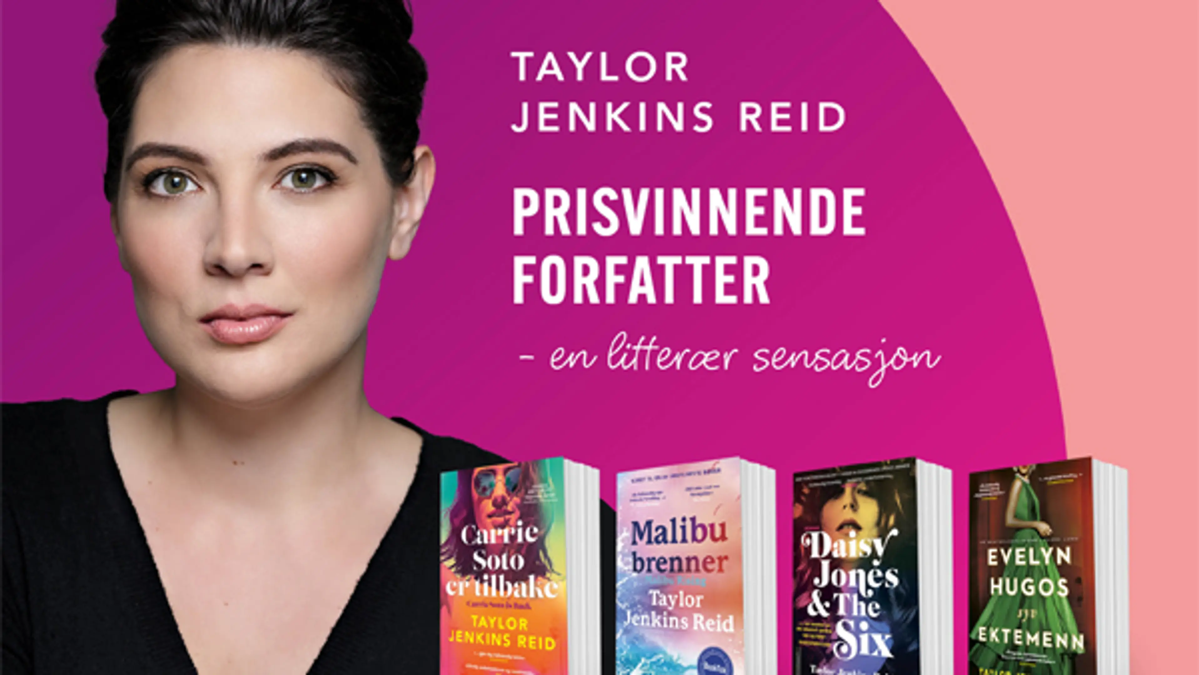 Portrett av forfatter Taylor Jenkins Reid og omslag på fire av hennes bøker