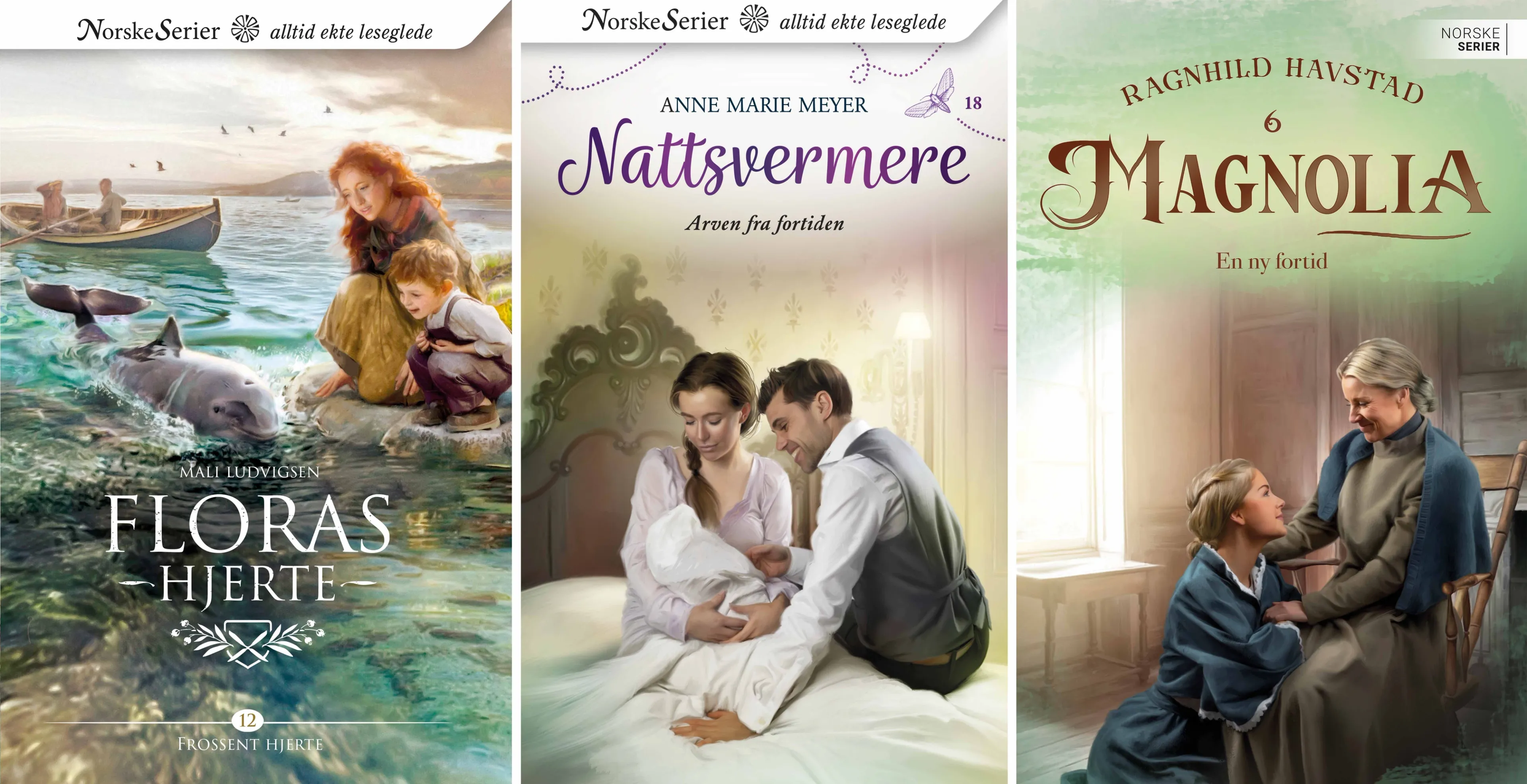 Bilde av tre serieromaner: Floras hjerte 12, Nattsvermere 18 og Magnolia 6